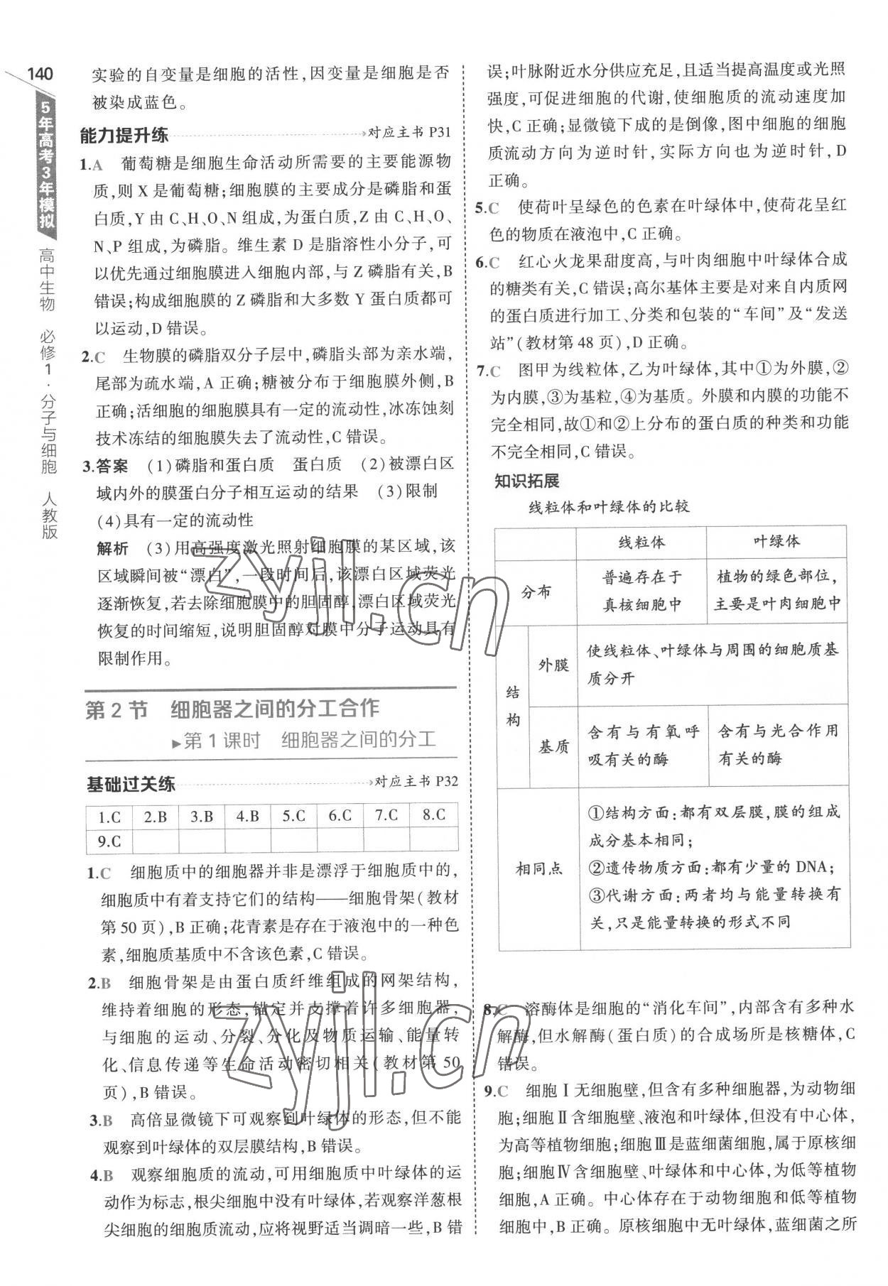 2022年5年高考3年模擬高中生物必修1分子與細(xì)胞人教版 參考答案第14頁