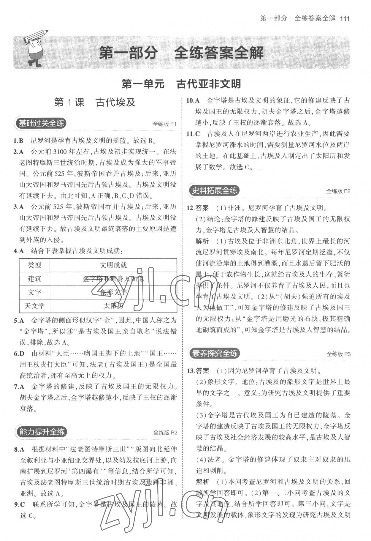 2022年5年中考3年模拟九年级历史上册人教版 参考答案第1页