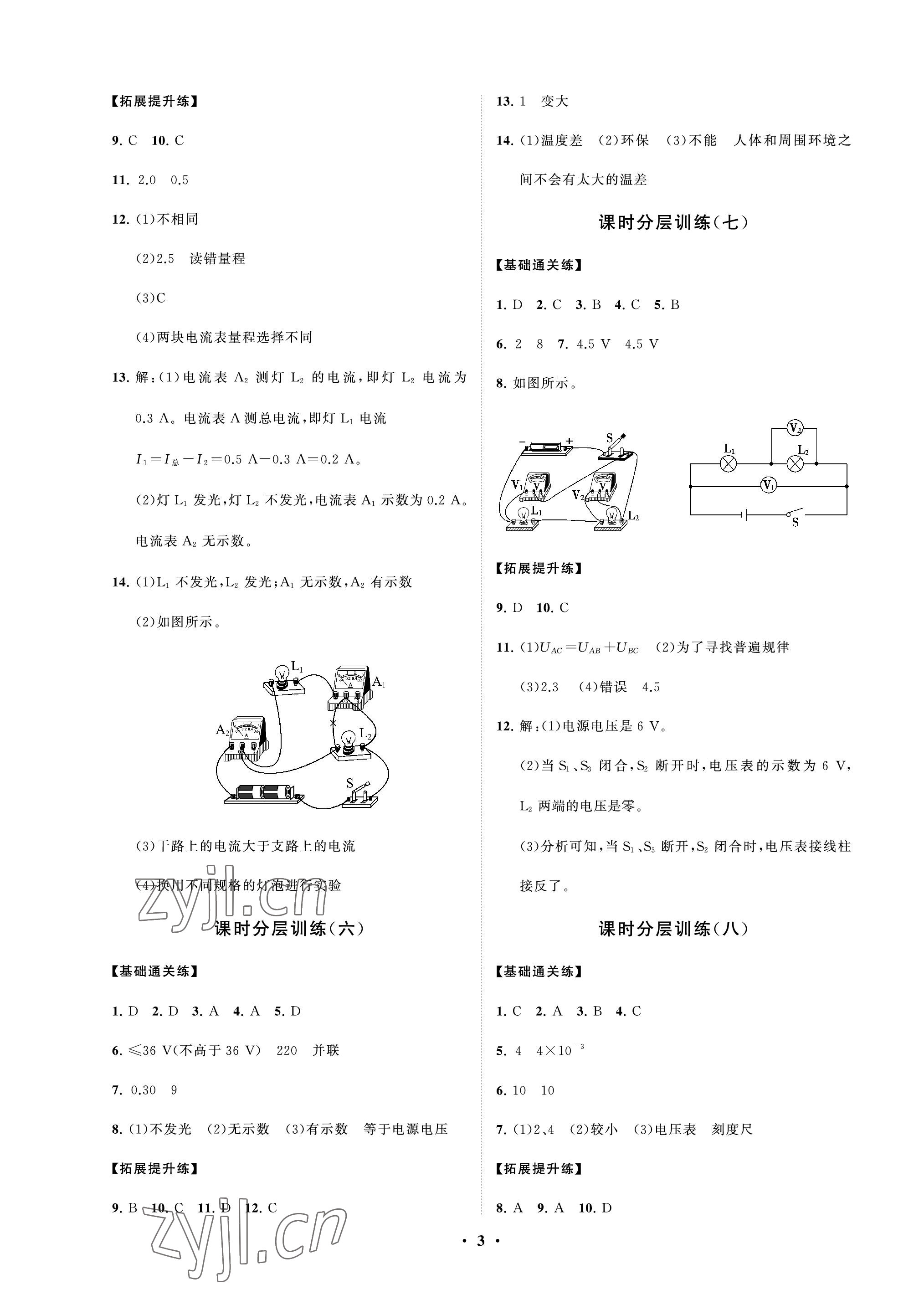 2022年同步練習(xí)冊分層卷九年級物理上冊魯科版54制 參考答案第3頁