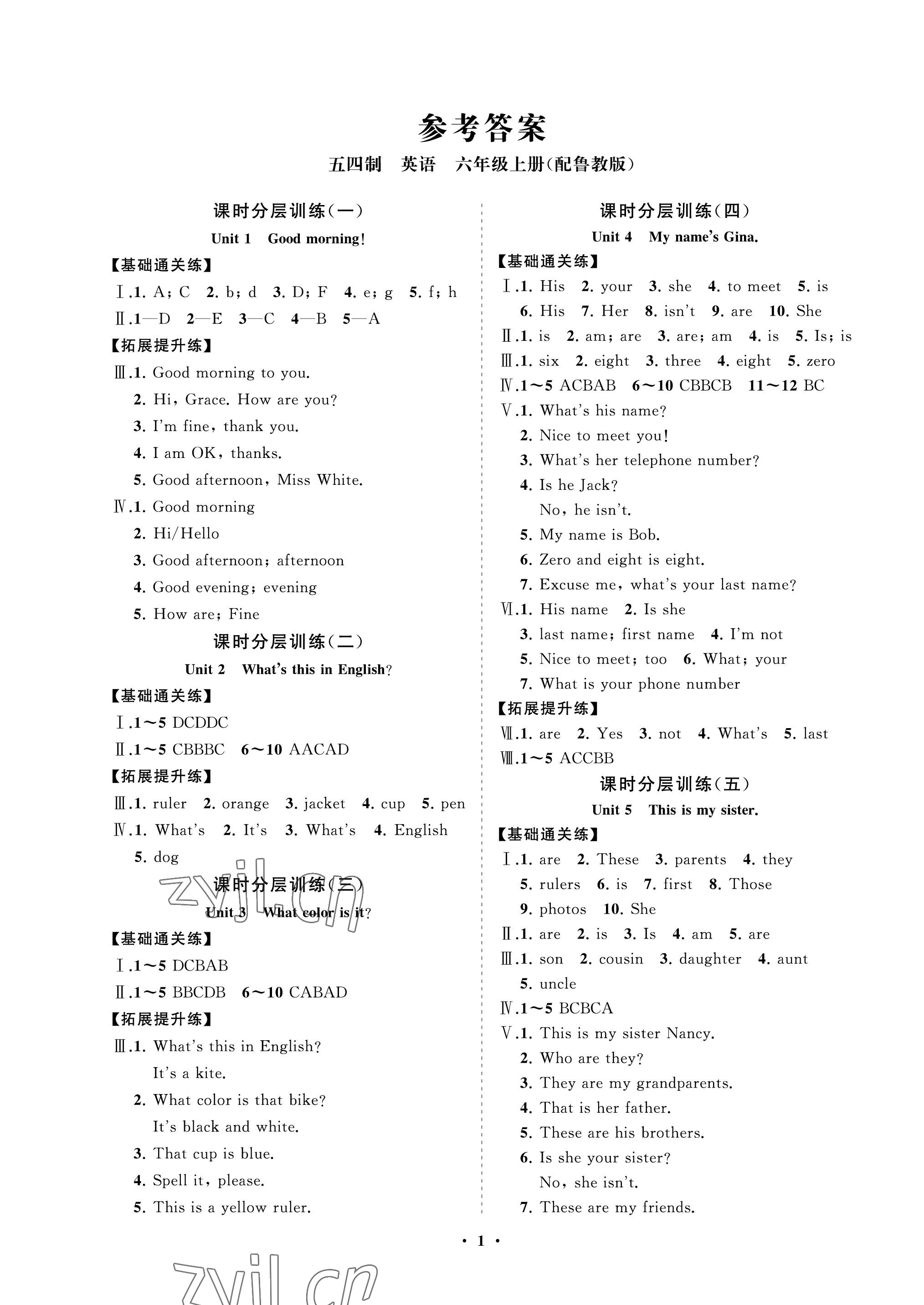 2022年同步练习册分层卷六年级英语上册鲁教版54制 参考答案第1页