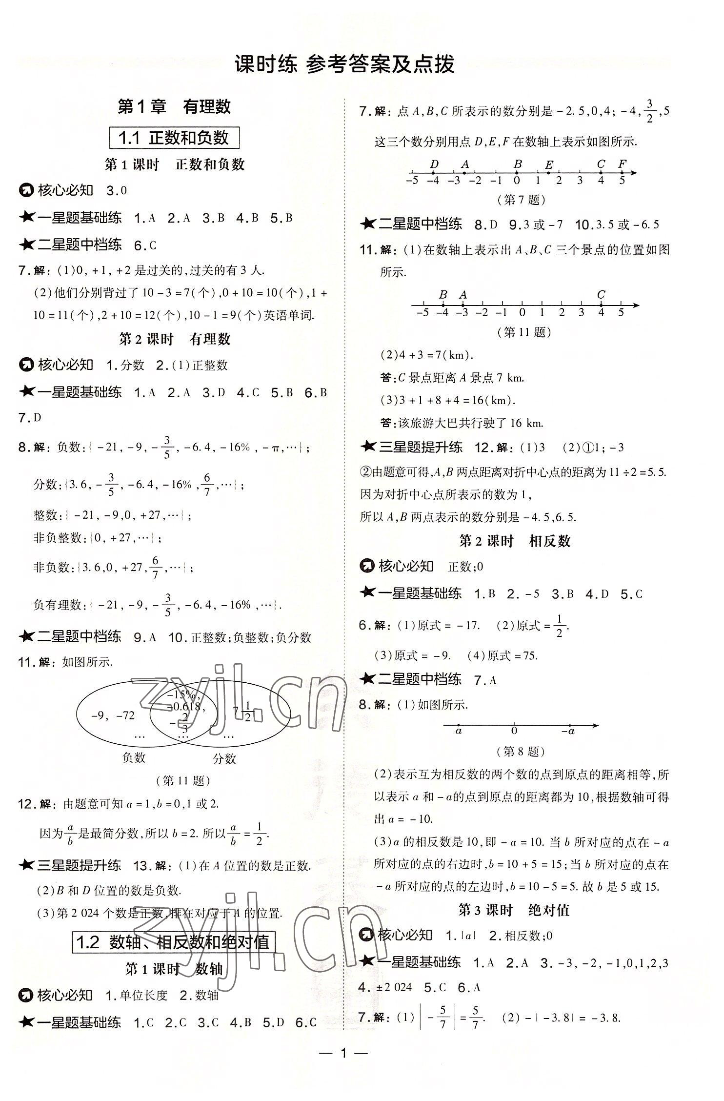 2022年點(diǎn)撥訓(xùn)練七年級(jí)數(shù)學(xué)上冊(cè)滬科版安徽專版 參考答案第1頁