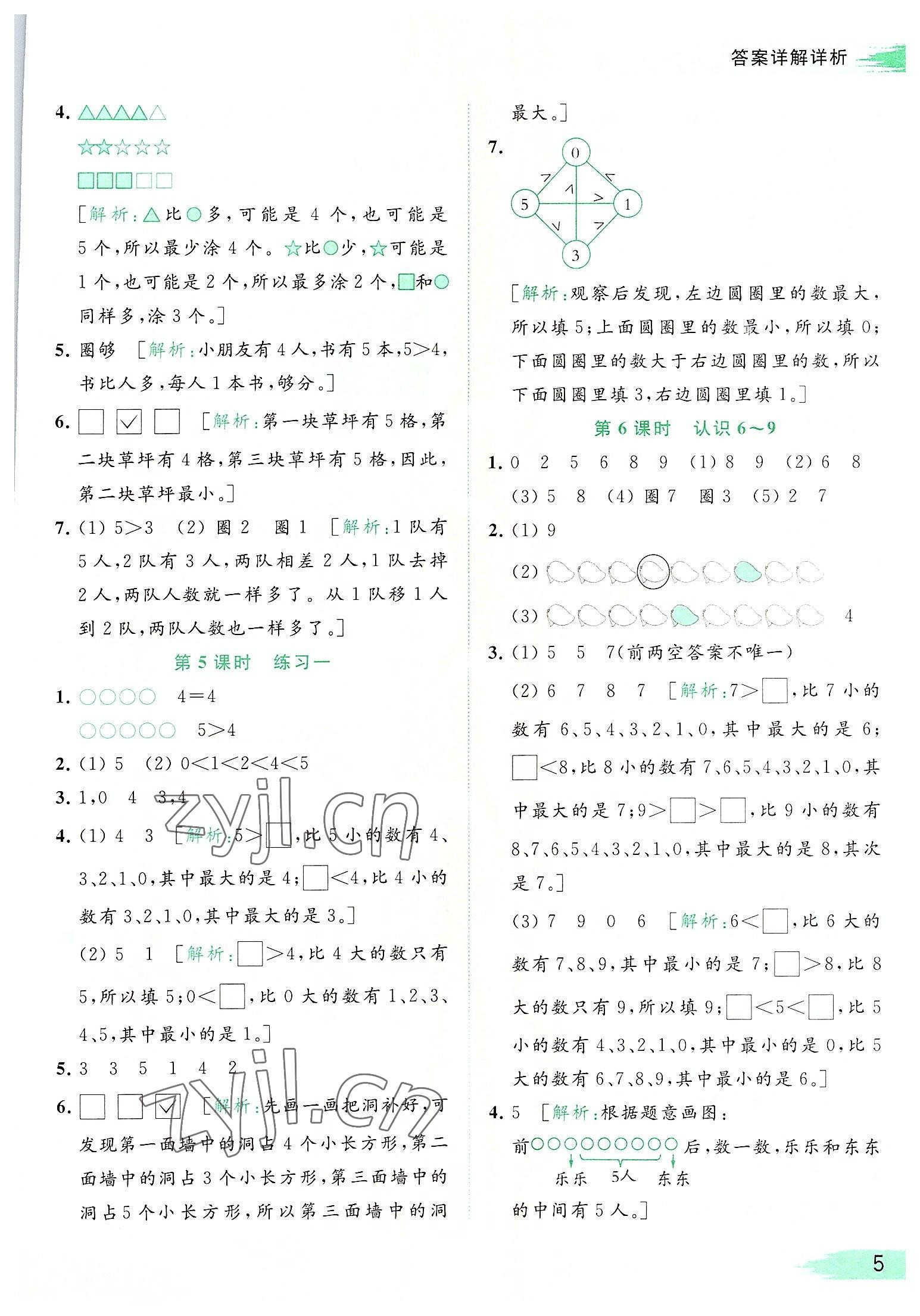 2022年亮點給力提優(yōu)班多維互動空間一年級數(shù)學(xué)上冊蘇教版 參考答案第5頁