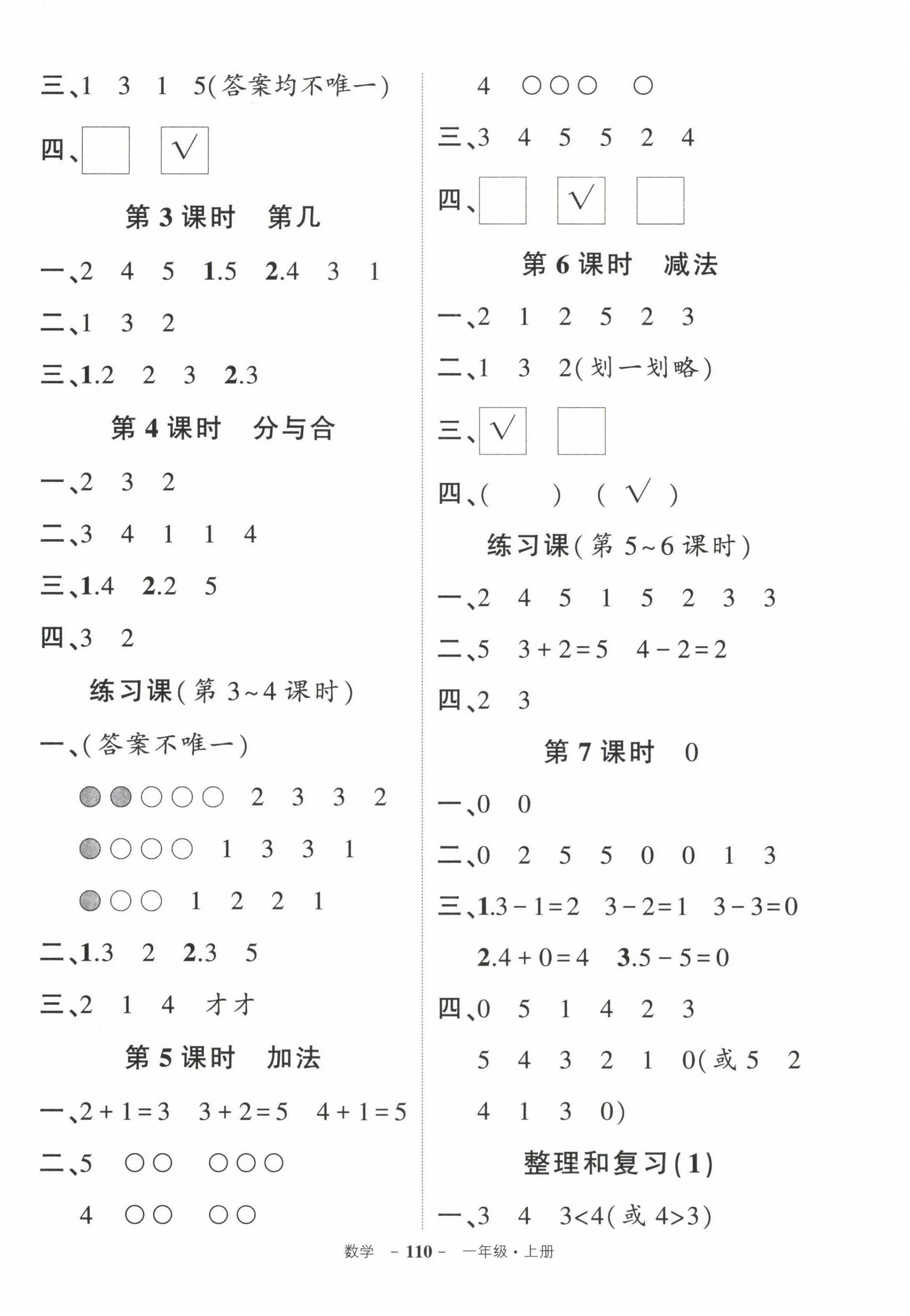 2022年状元成才路创优作业100分一年级数学上册人教版贵州专版 参考答案第2页