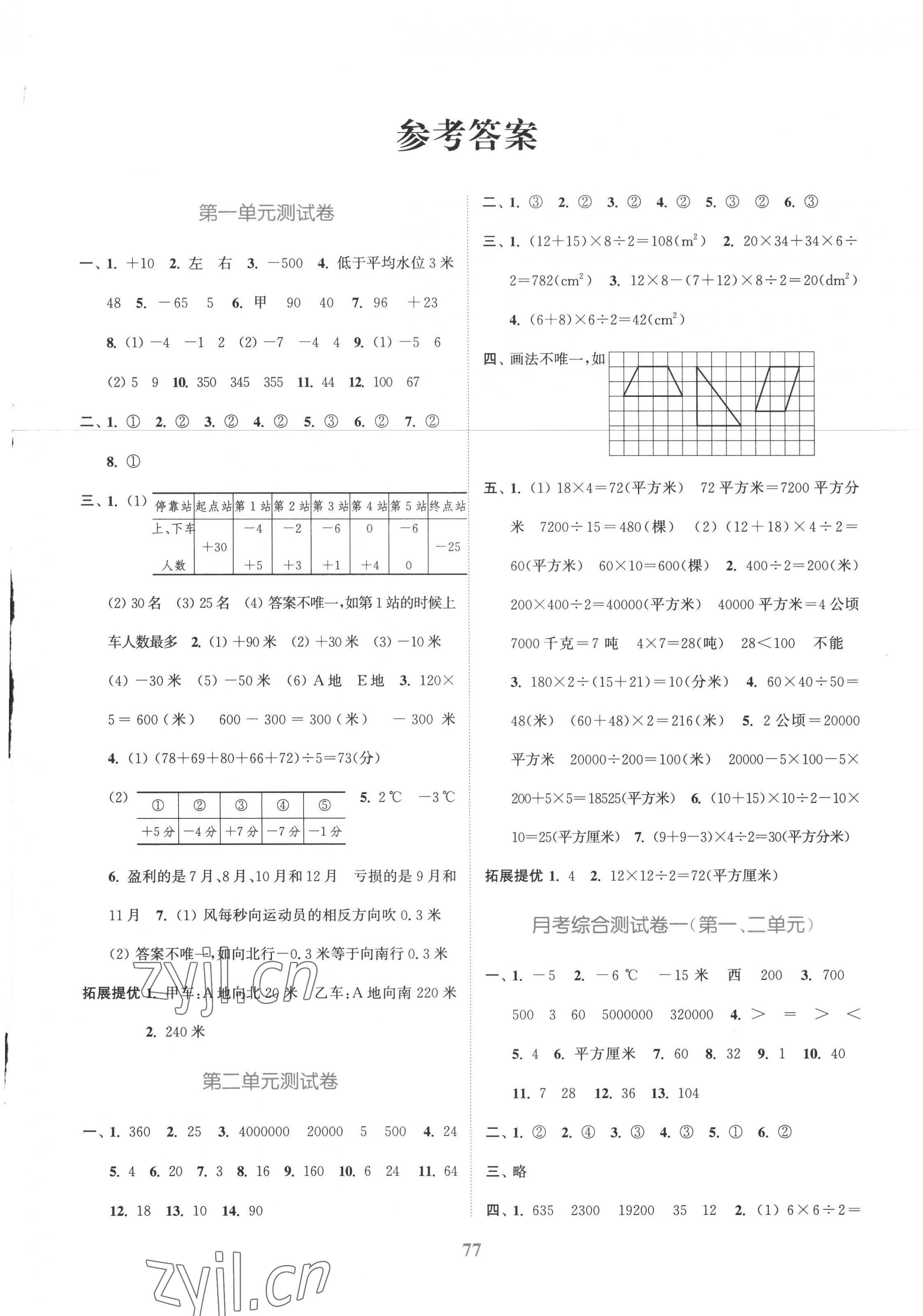 2022年江蘇金考卷五年級數學上冊蘇教版 參考答案第1頁