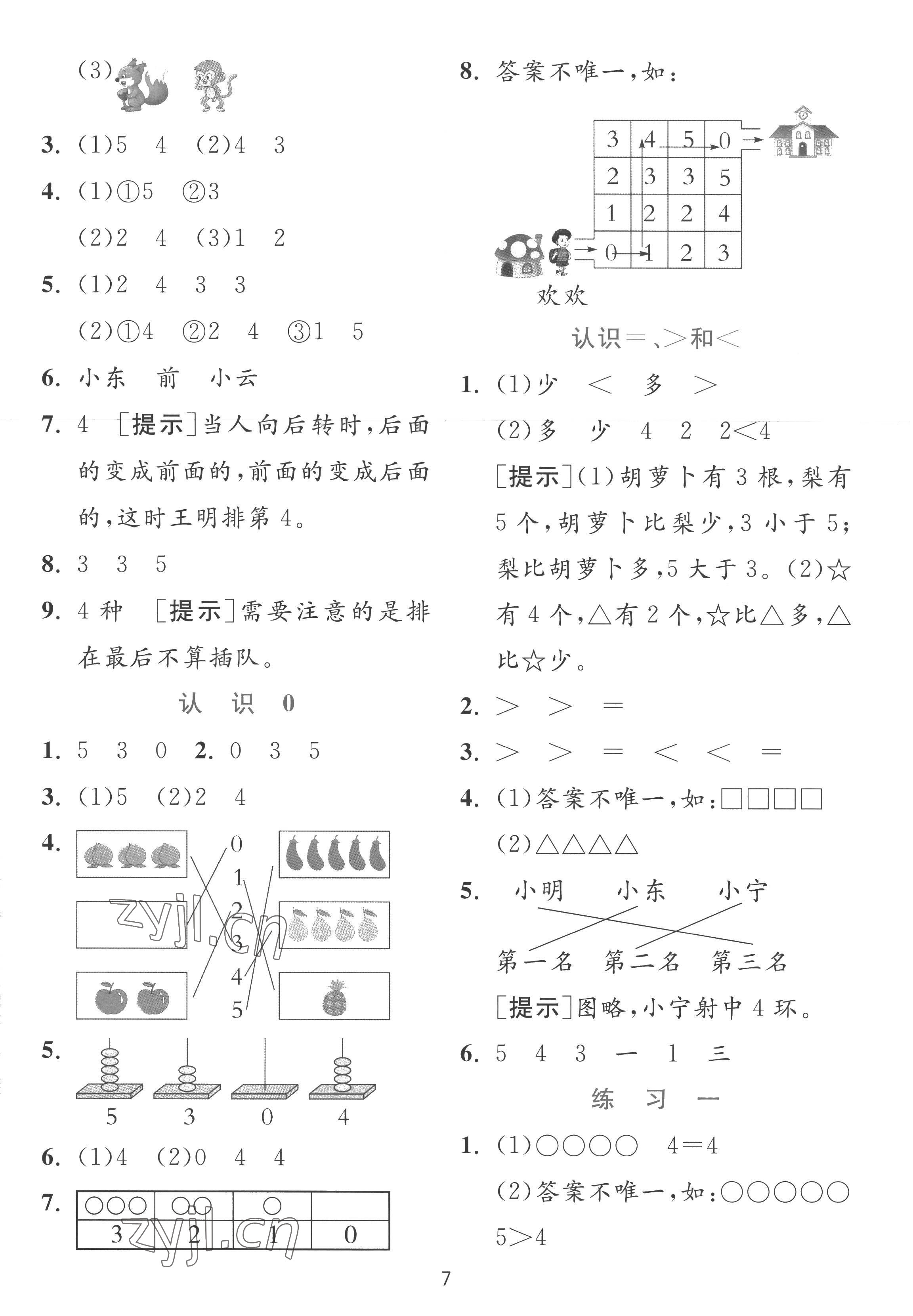 2022年实验班提优训练一年级数学上册苏教版 参考答案第7页