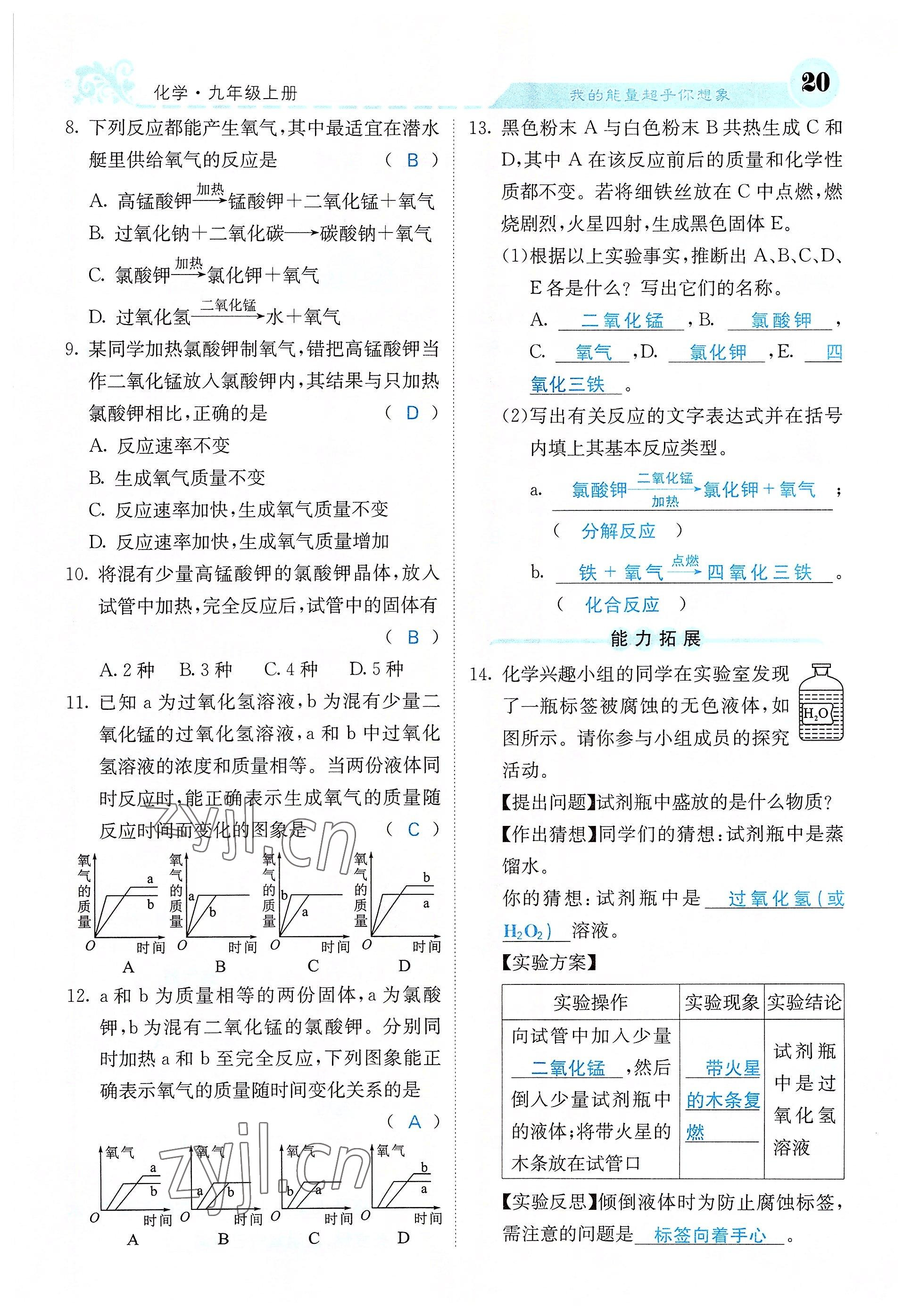 2022年課堂點(diǎn)睛九年級(jí)化學(xué)上冊(cè)人教版 參考答案第55頁