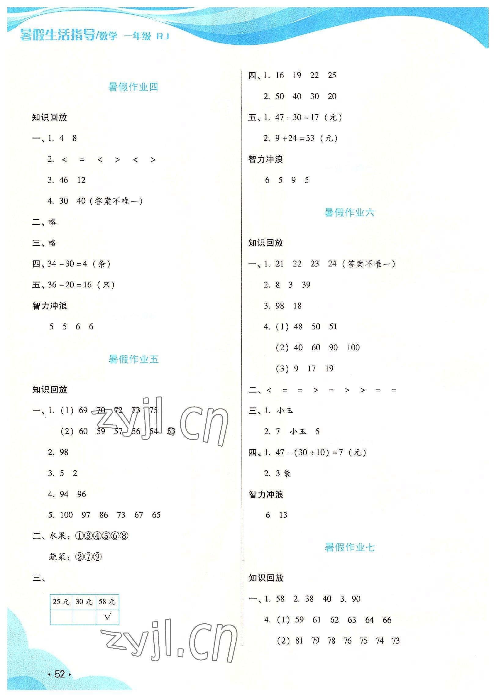 2022年暑假生活指导二十一世纪出版集团一年级数学人教版 参考答案第2页