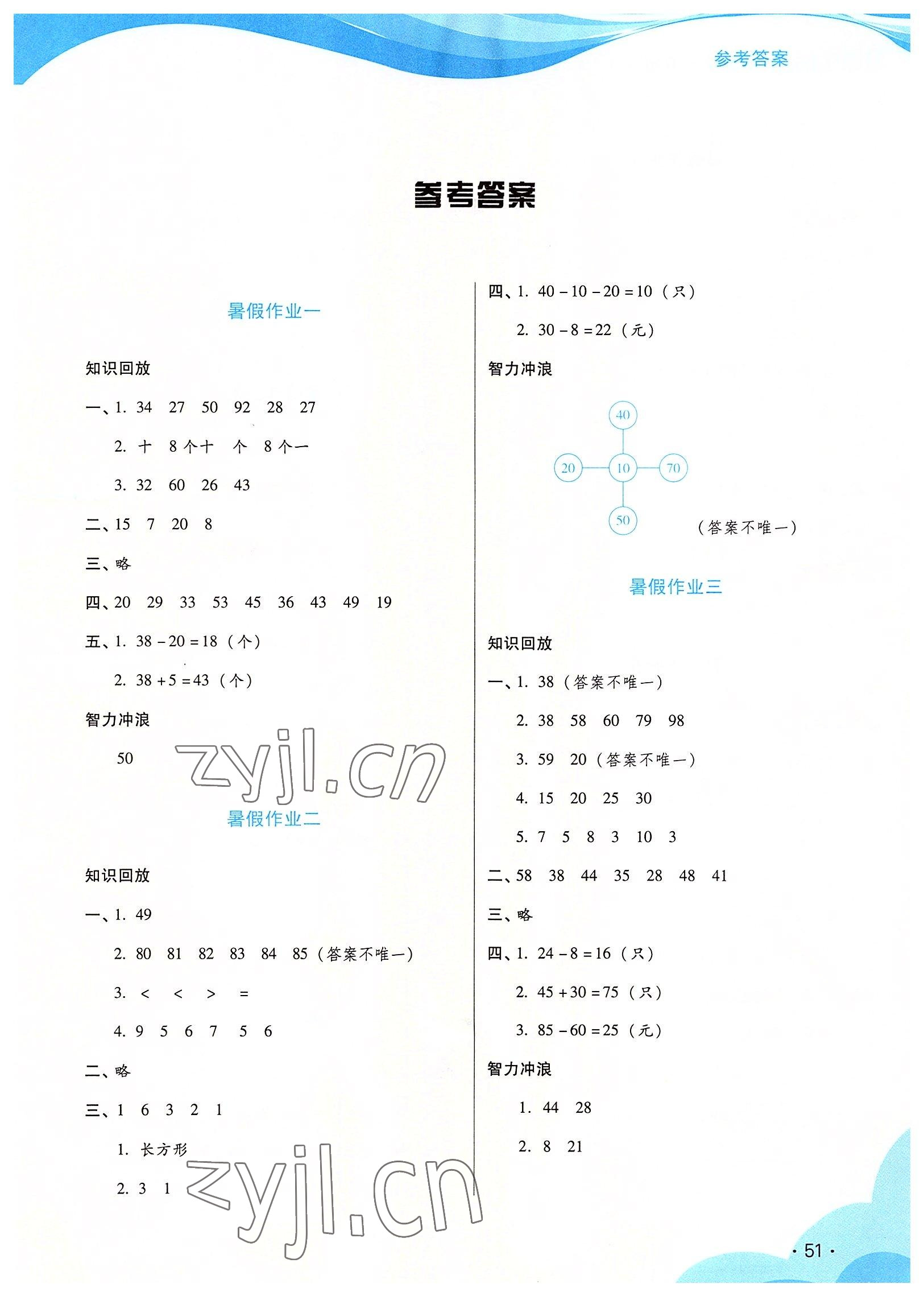 2022年暑假生活指导二十一世纪出版集团一年级数学人教版 参考答案第1页