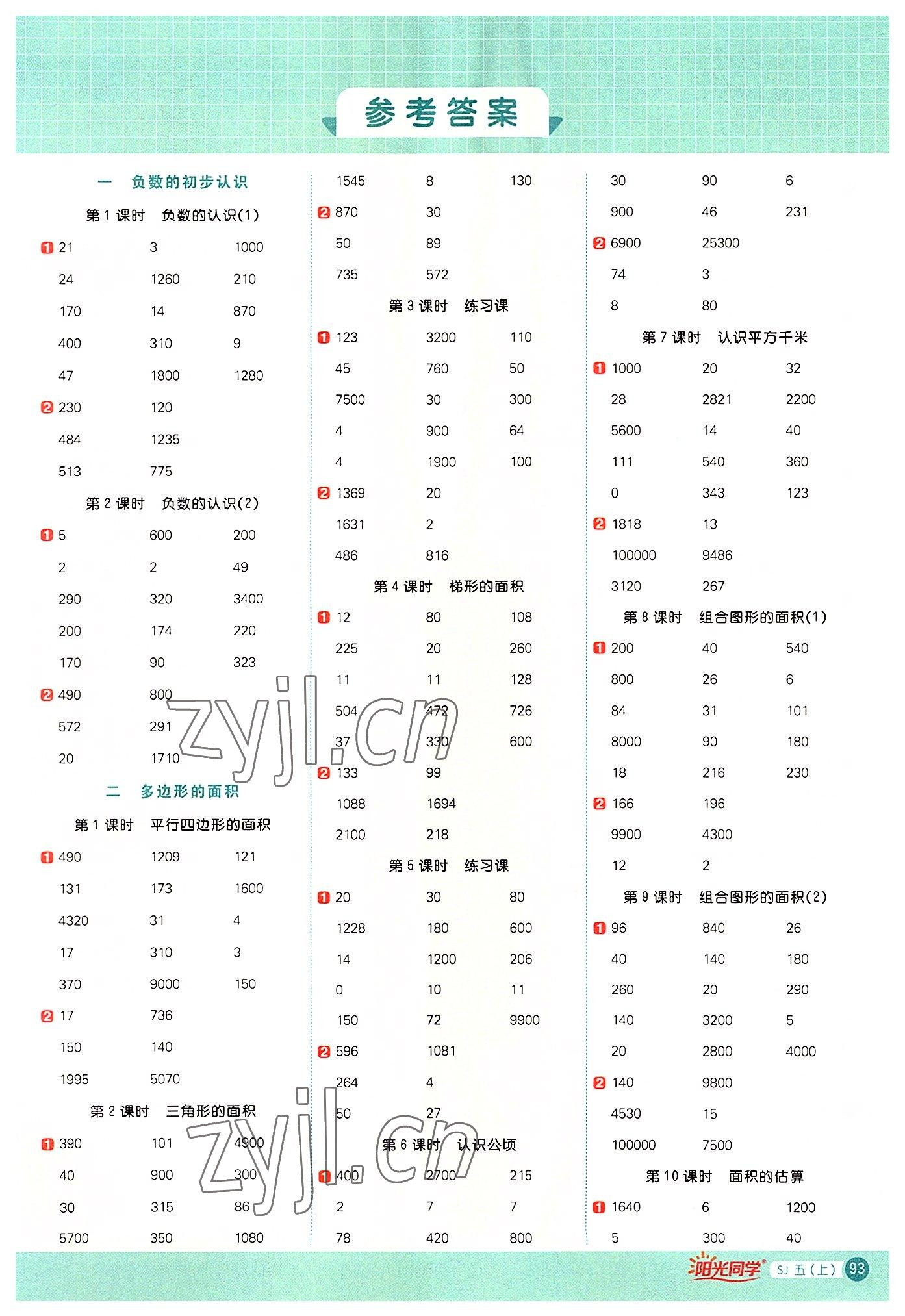 2022年陽光同學計算小達人五年級數學上冊蘇教版 參考答案第1頁