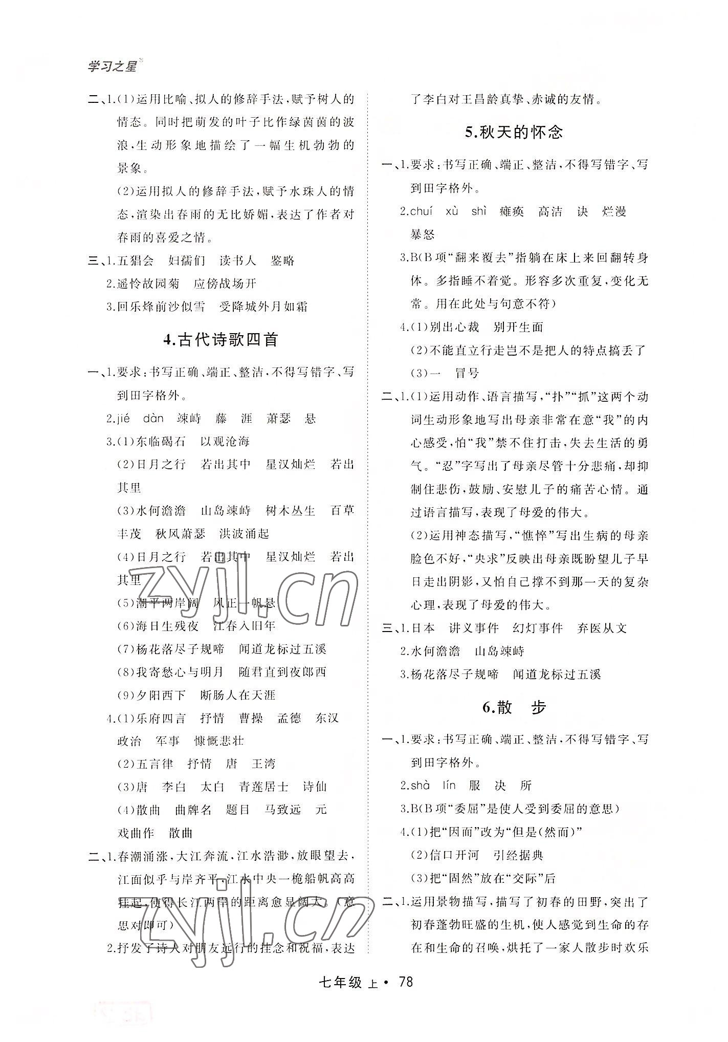 2022年博师在线七年级语文上册人教版大连专版 参考答案第2页