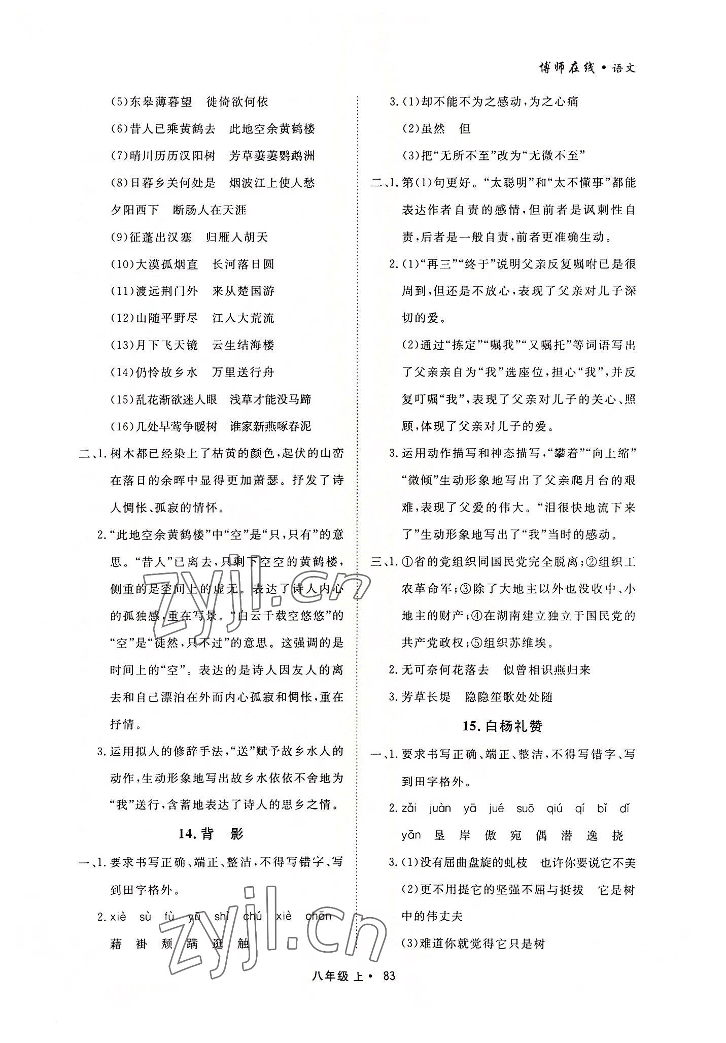 2022年博师在线八年级语文上册人教版大连专版 参考答案第7页