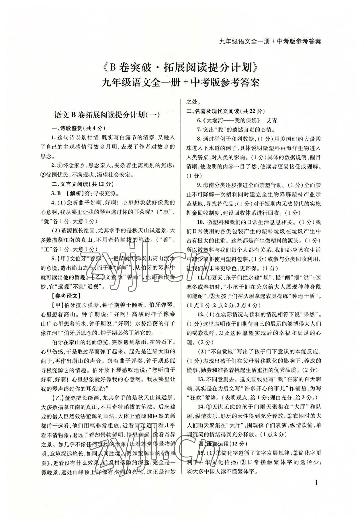 2022年B卷突破拓展阅读提分计划九年级语文全一册人教版 第1页