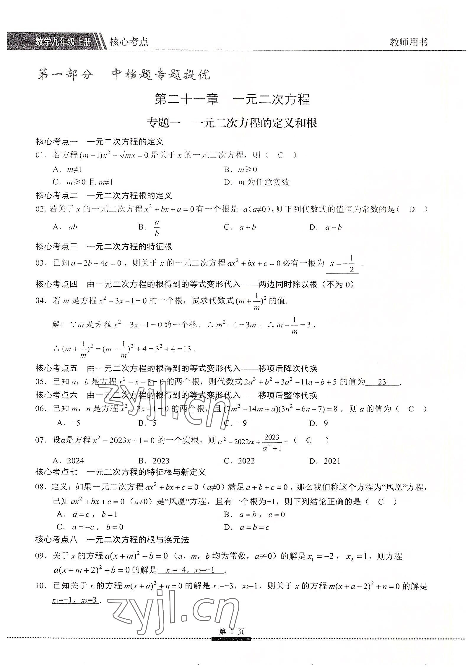 2022年名校學(xué)典核心考點(diǎn)九年級(jí)數(shù)學(xué)上冊(cè)人教版 參考答案第1頁