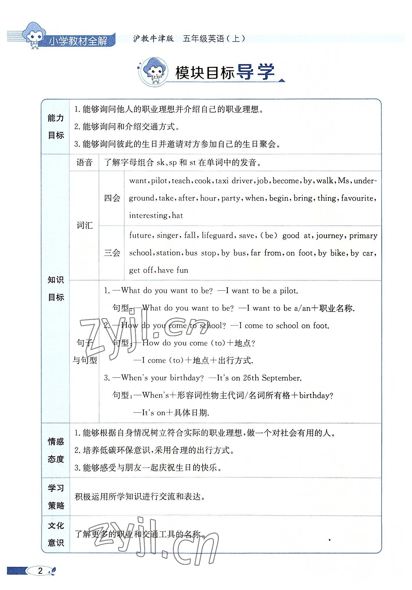 2022年教材課本五年級英語上冊滬教版 參考答案第2頁