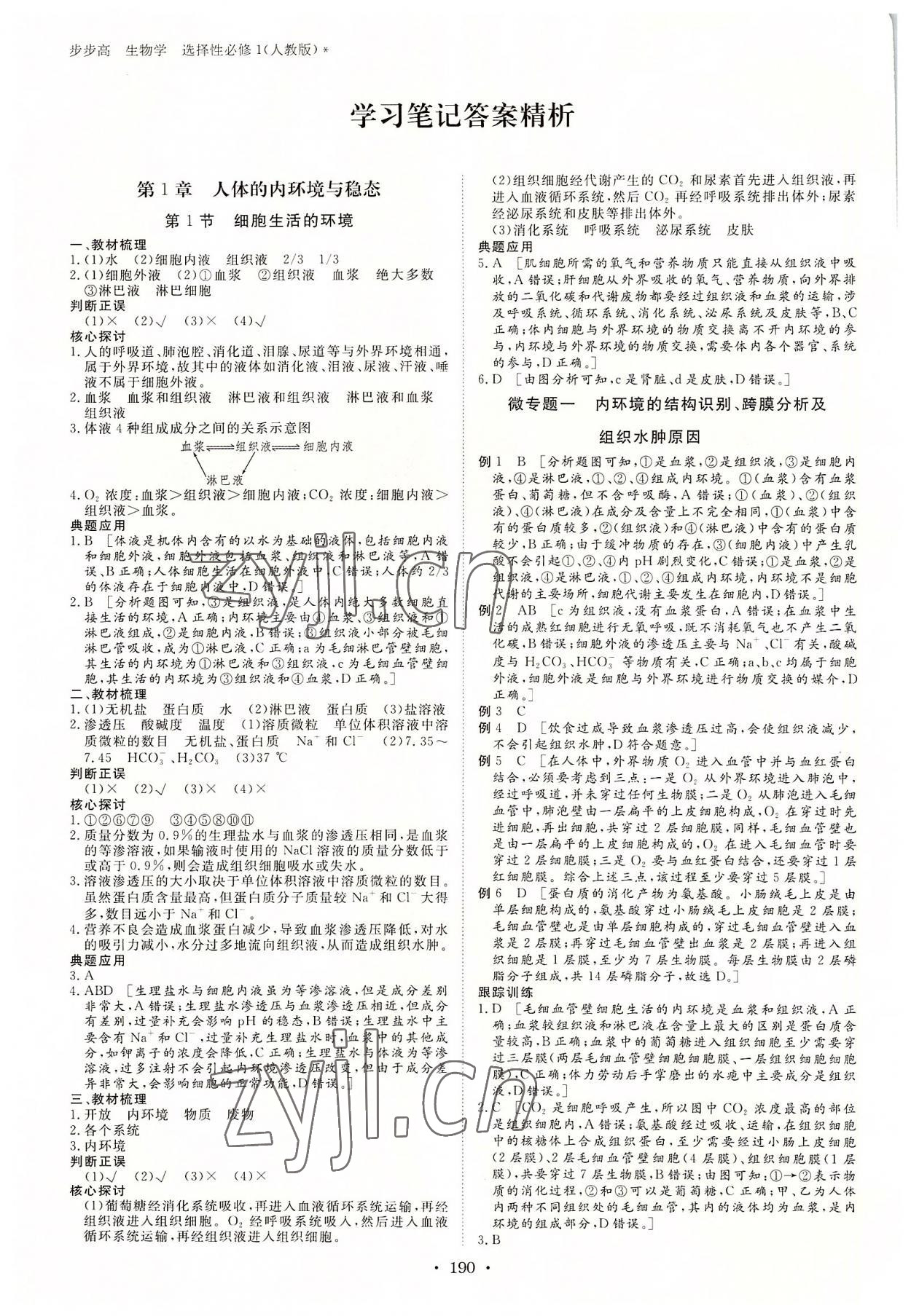 2022年步步高學(xué)習(xí)筆記高中生物選擇性必修1人教版 參考答案第1頁