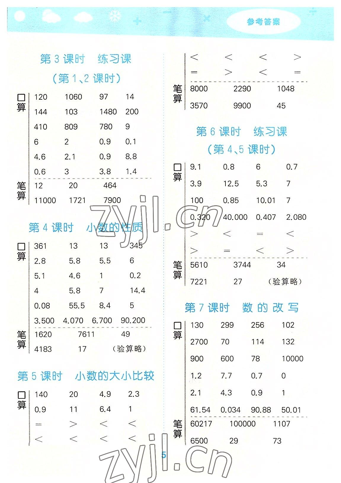 2022年口算大通關五年級數(shù)學上冊蘇教版 參考答案第5頁