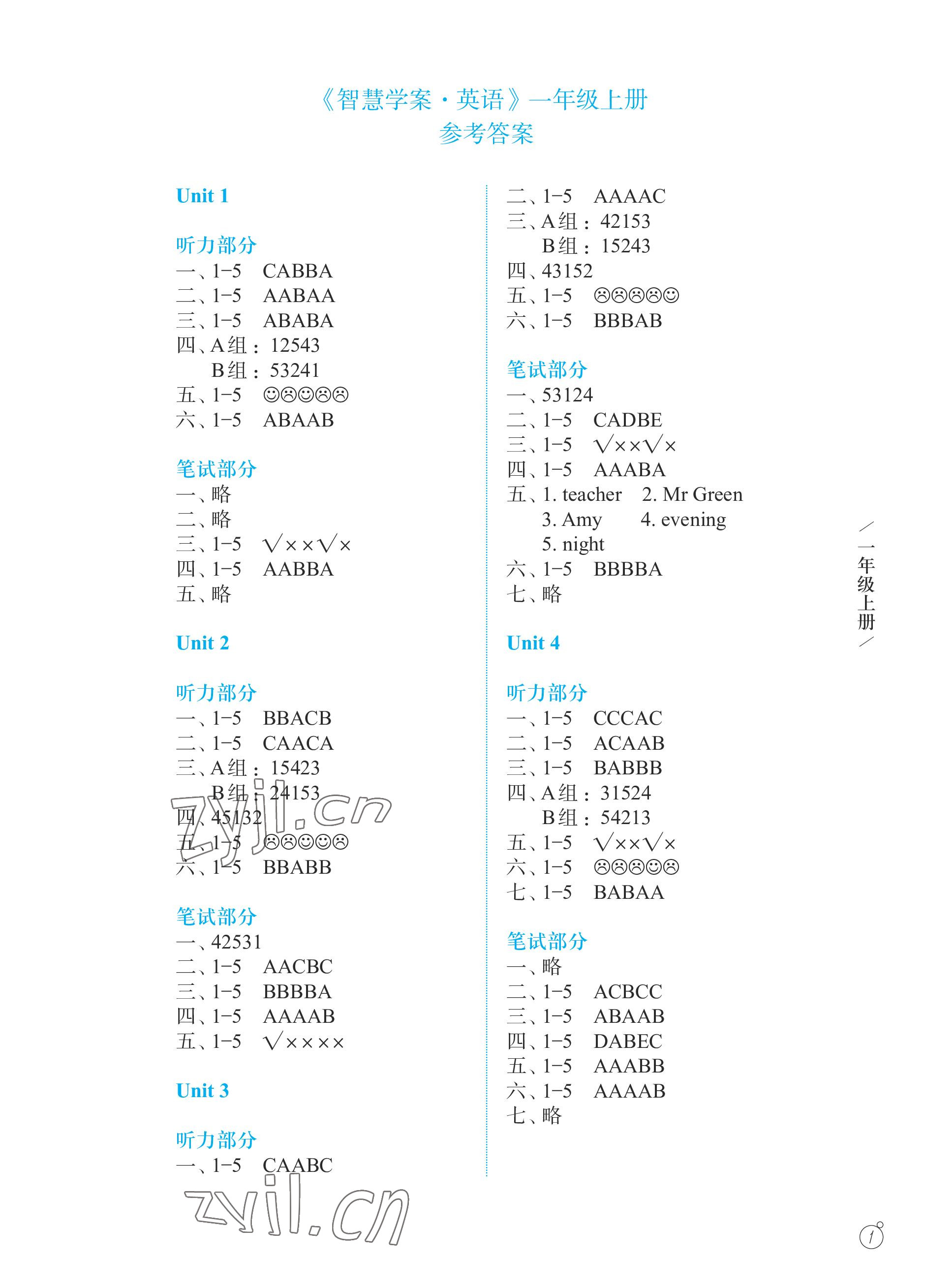 2022年智慧學案一年級英語上冊譯林版 參考答案第1頁