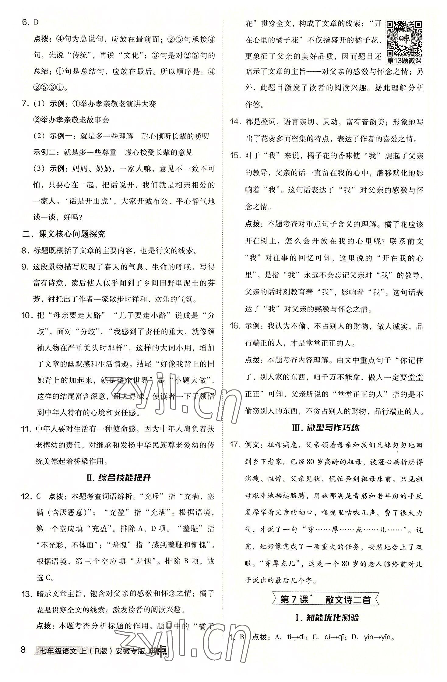 2022年综合应用创新题典中点七年级语文上册人教版安徽专版 参考答案第8页