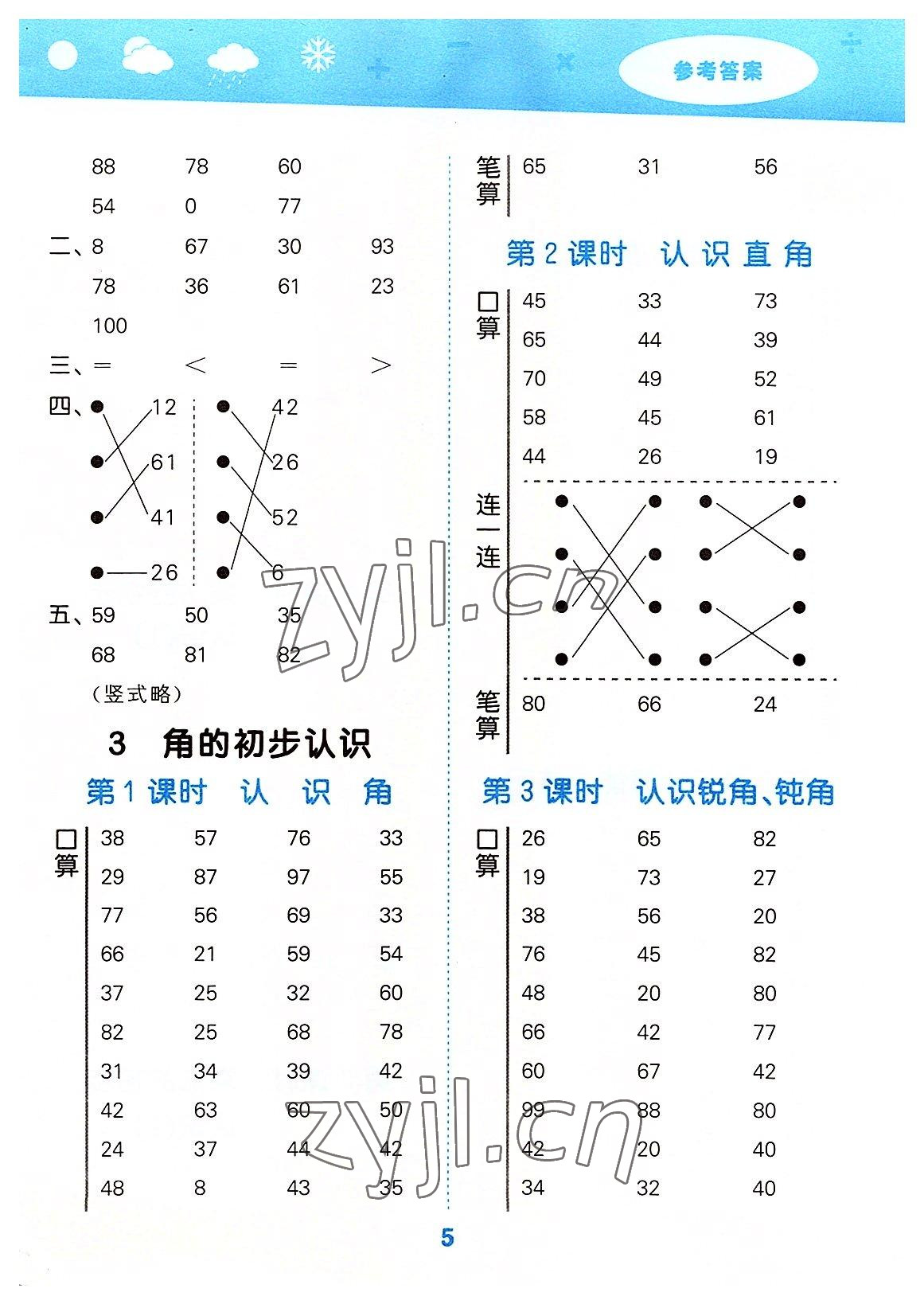 2022年口算大通關(guān)二年級(jí)數(shù)學(xué)上冊(cè)人教版 參考答案第5頁(yè)