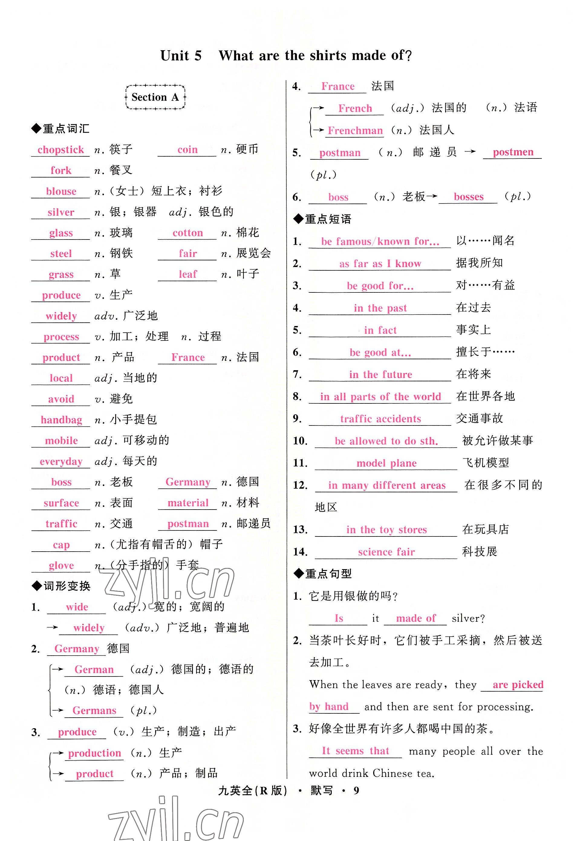 2022年名師面對面同步作業(yè)本九年級英語全一冊人教版杭州專版 參考答案第9頁