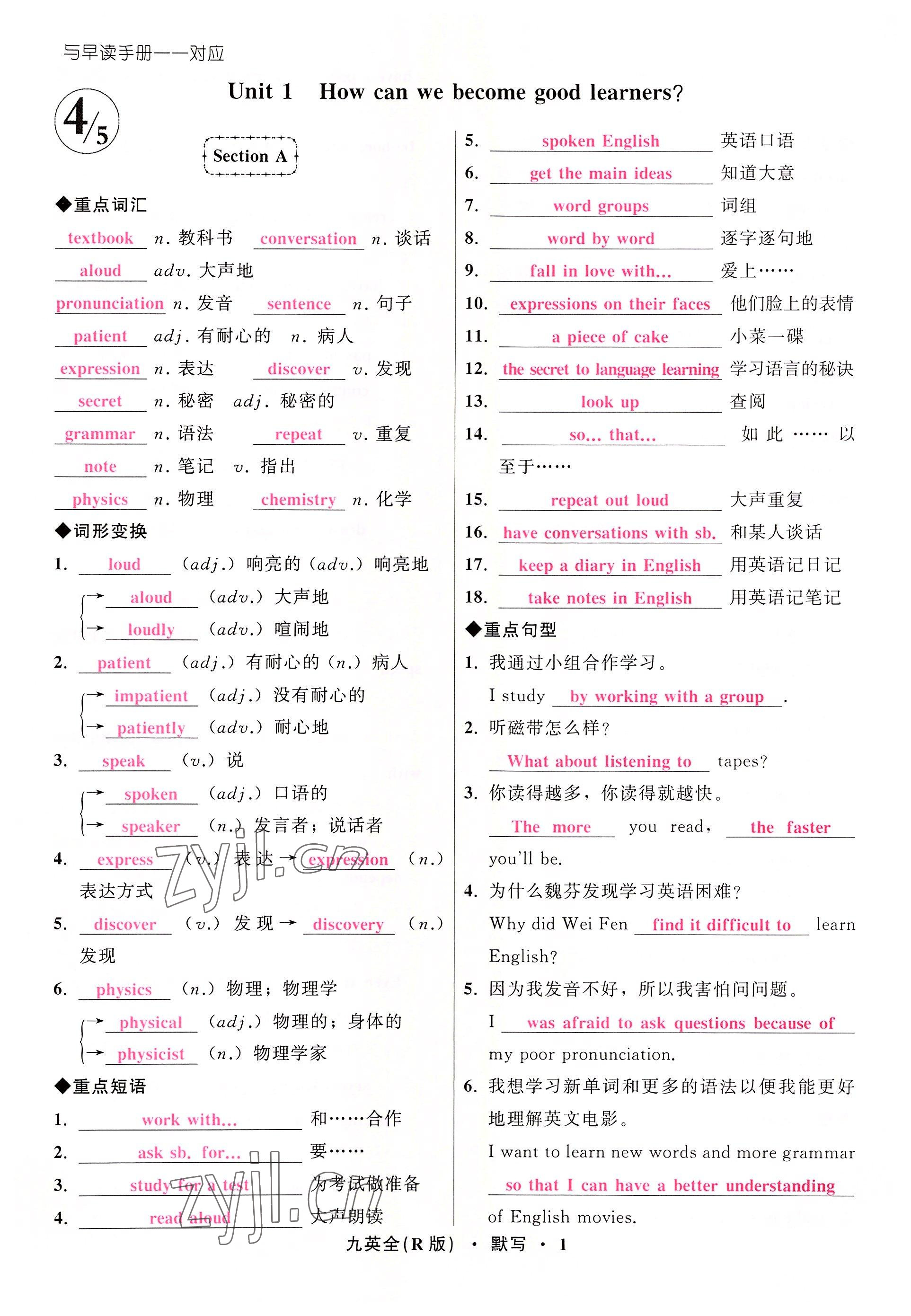 2022年名師面對(duì)面同步作業(yè)本九年級(jí)英語全一冊(cè)人教版杭州專版 參考答案第1頁