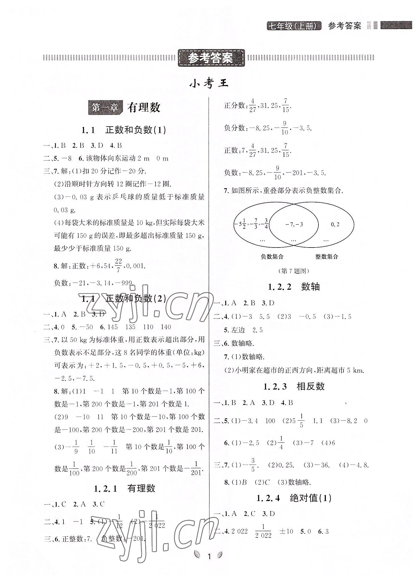 2022年点石成金金牌夺冠七年级数学上册人教版大连专版 参考答案第1页