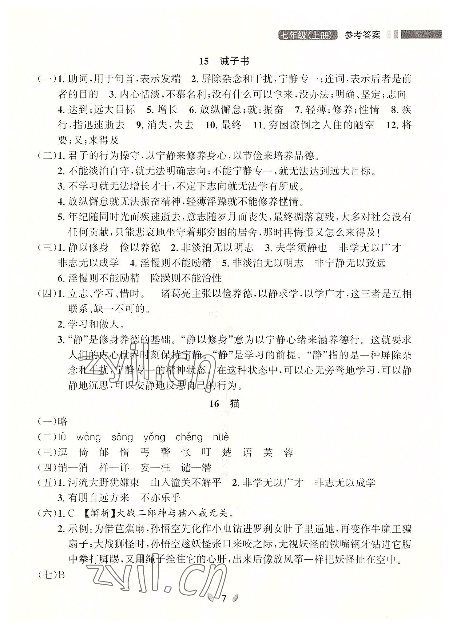 2022年点石成金金牌夺冠七年级语文上册人教版大连专版 参考答案第7页