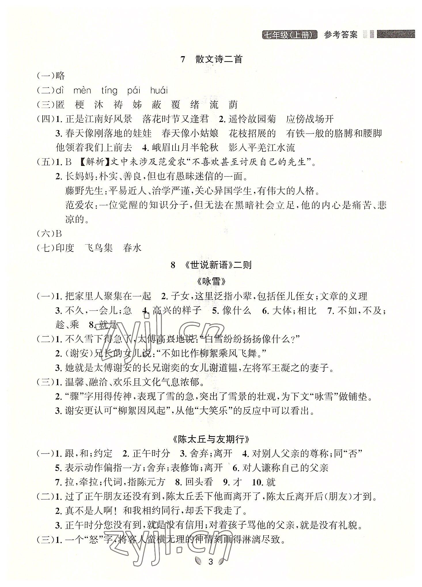 2022年点石成金金牌夺冠七年级语文上册人教版大连专版 参考答案第3页