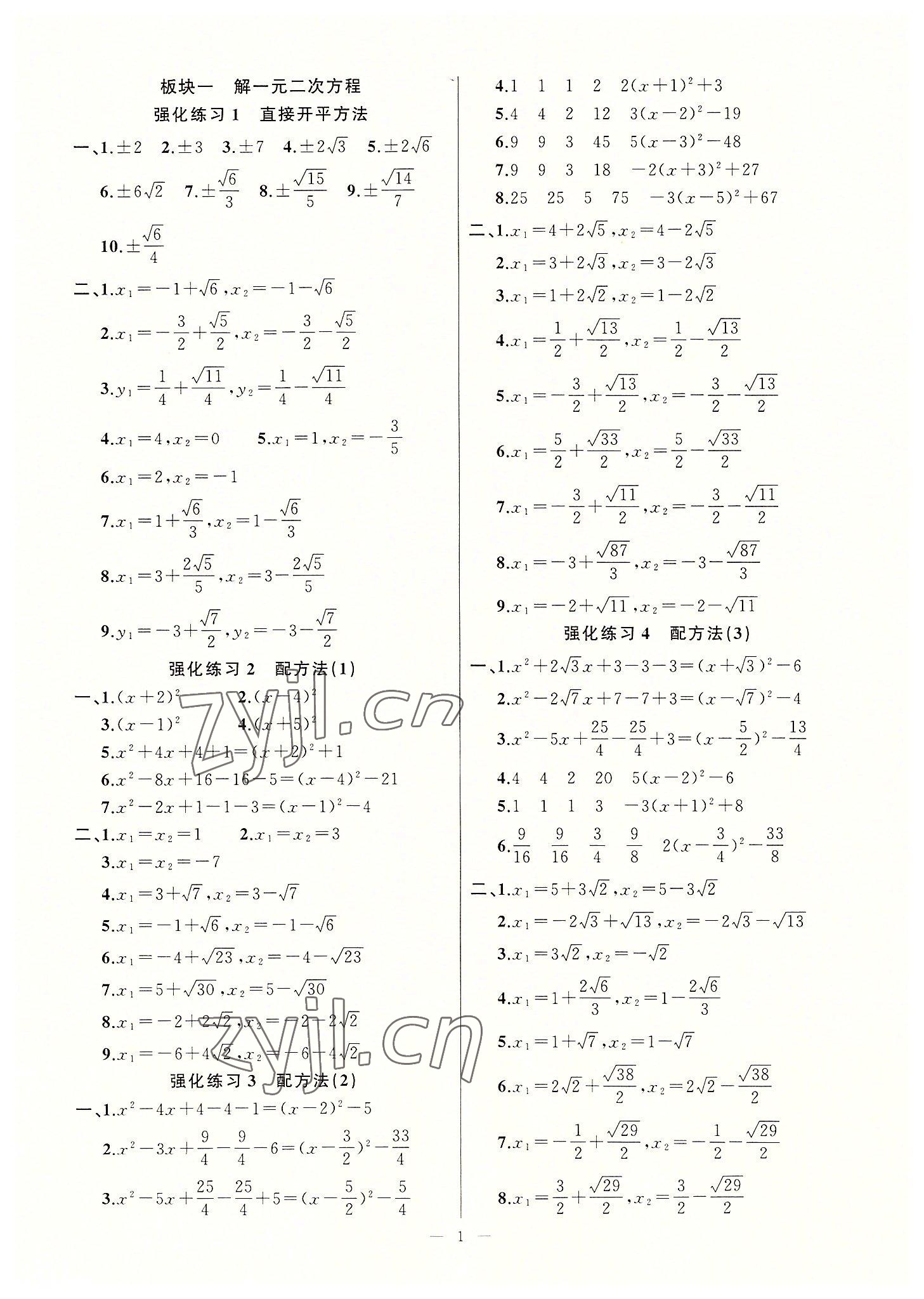 2022年高手点题计算攻略九年级数学上册人教版 参考答案第1页
