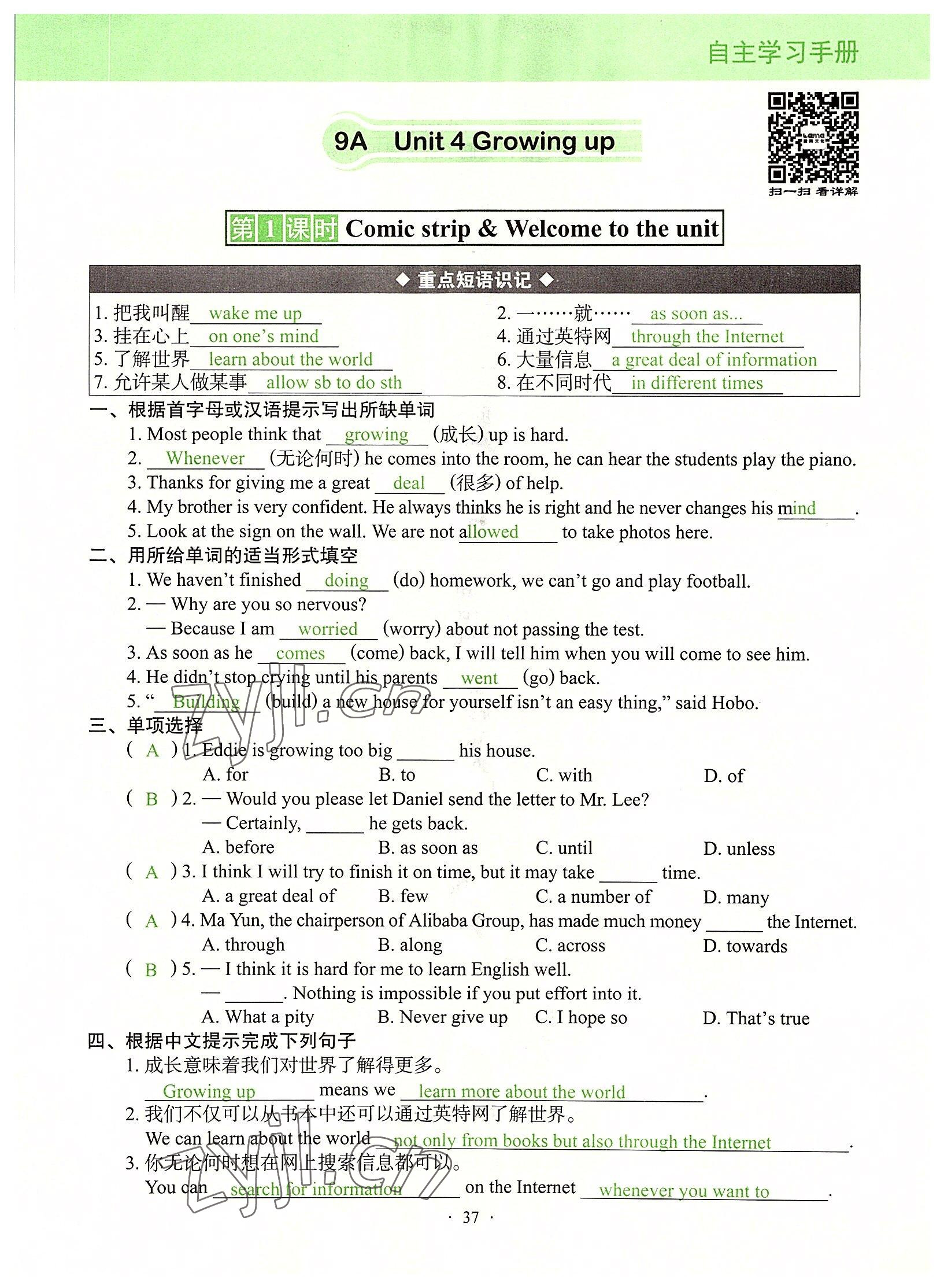 2022年自主学习手册辽宁少年儿童出版社九年级英语全一册通用版 参考答案第37页