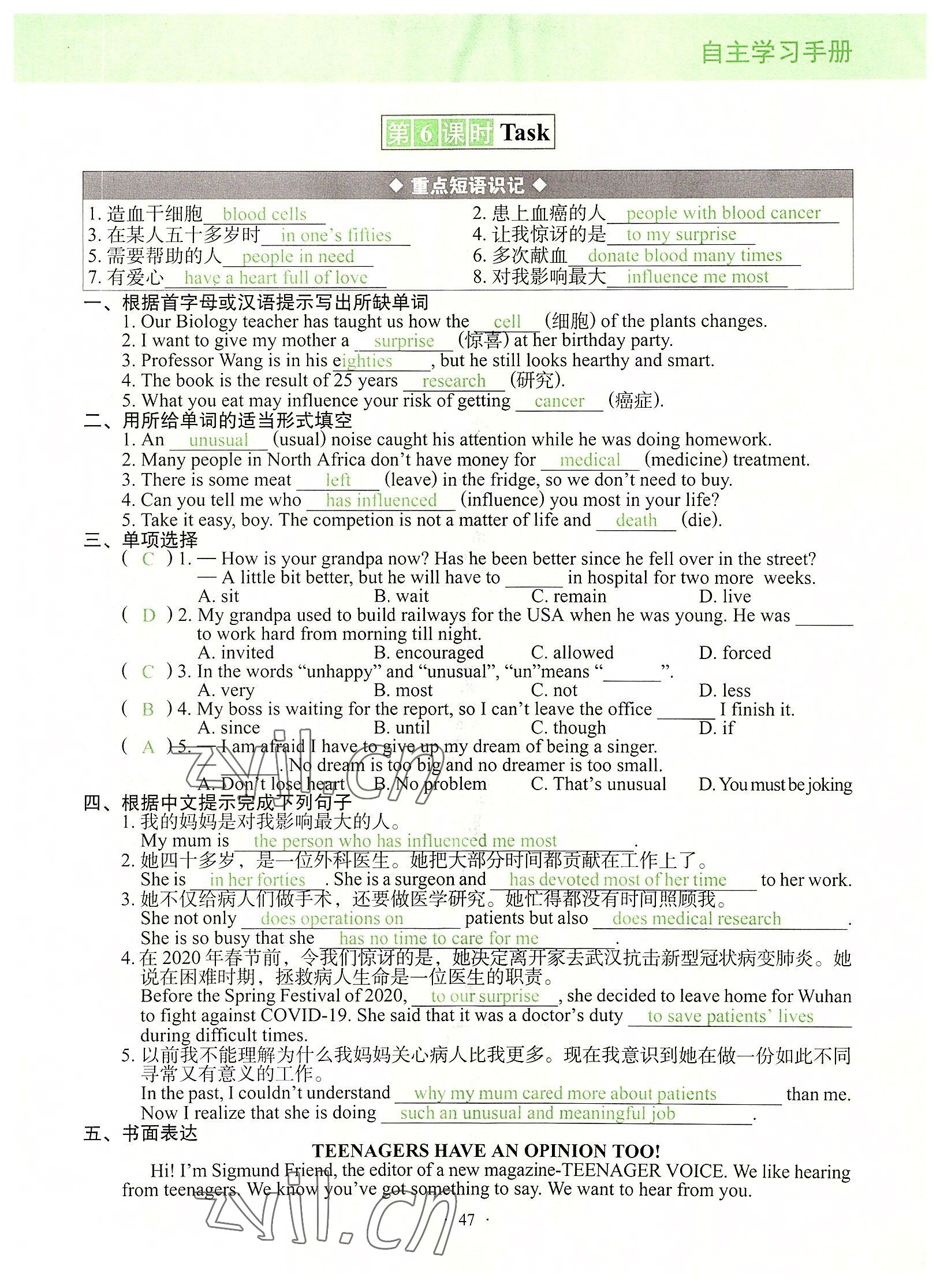 2022年自主学习手册辽宁少年儿童出版社九年级英语全一册通用版 参考答案第47页