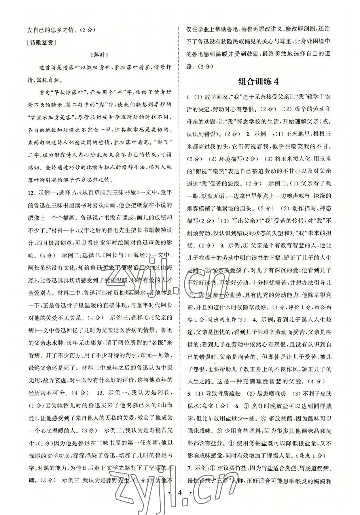 2022年通城學(xué)典初中語文閱讀組合訓(xùn)練七年級語文上冊浙江專版 參考答案第4頁