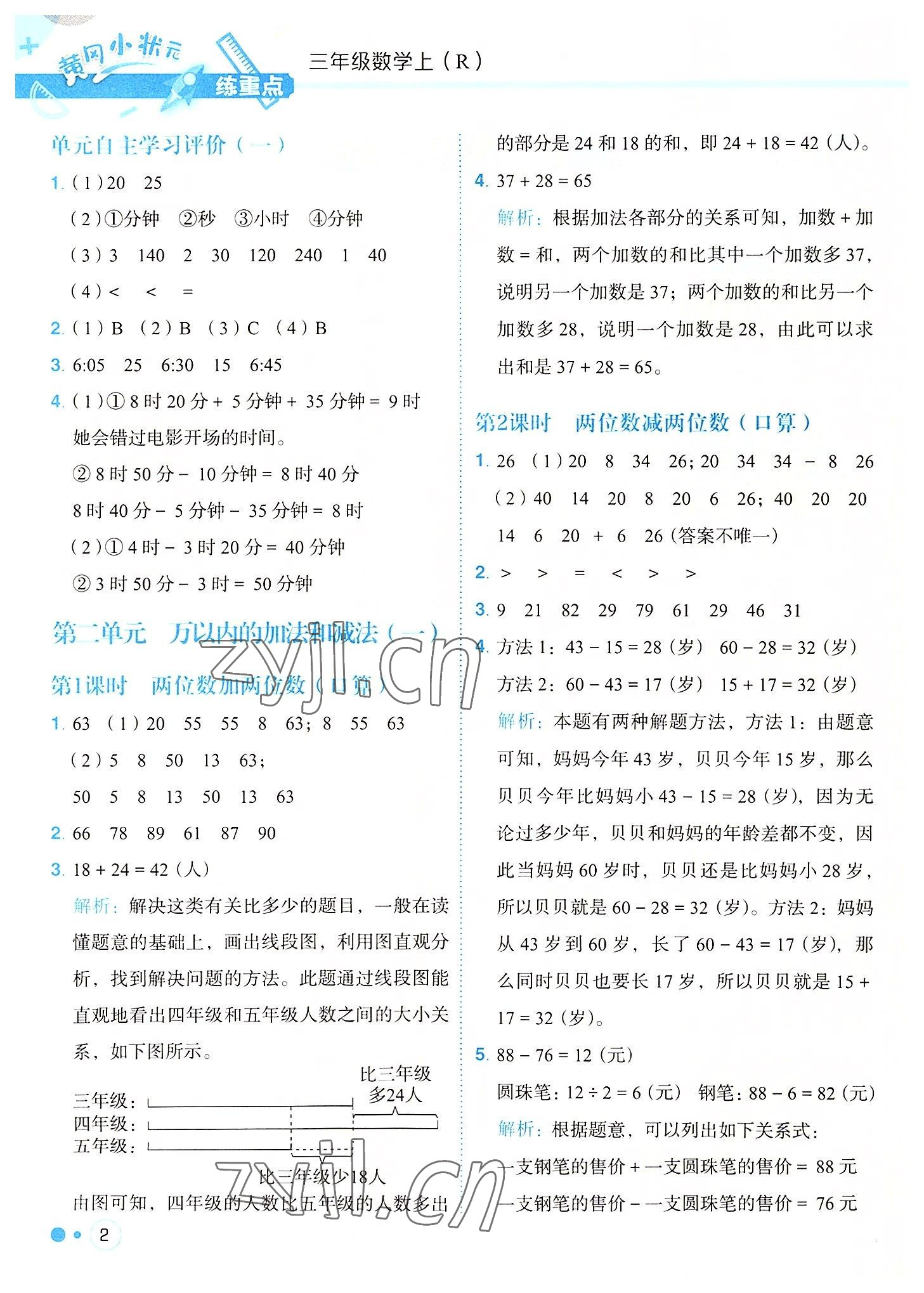 2022年黃岡小狀元練重點(diǎn)三年級數(shù)學(xué)上冊人教版 參考答案第2頁