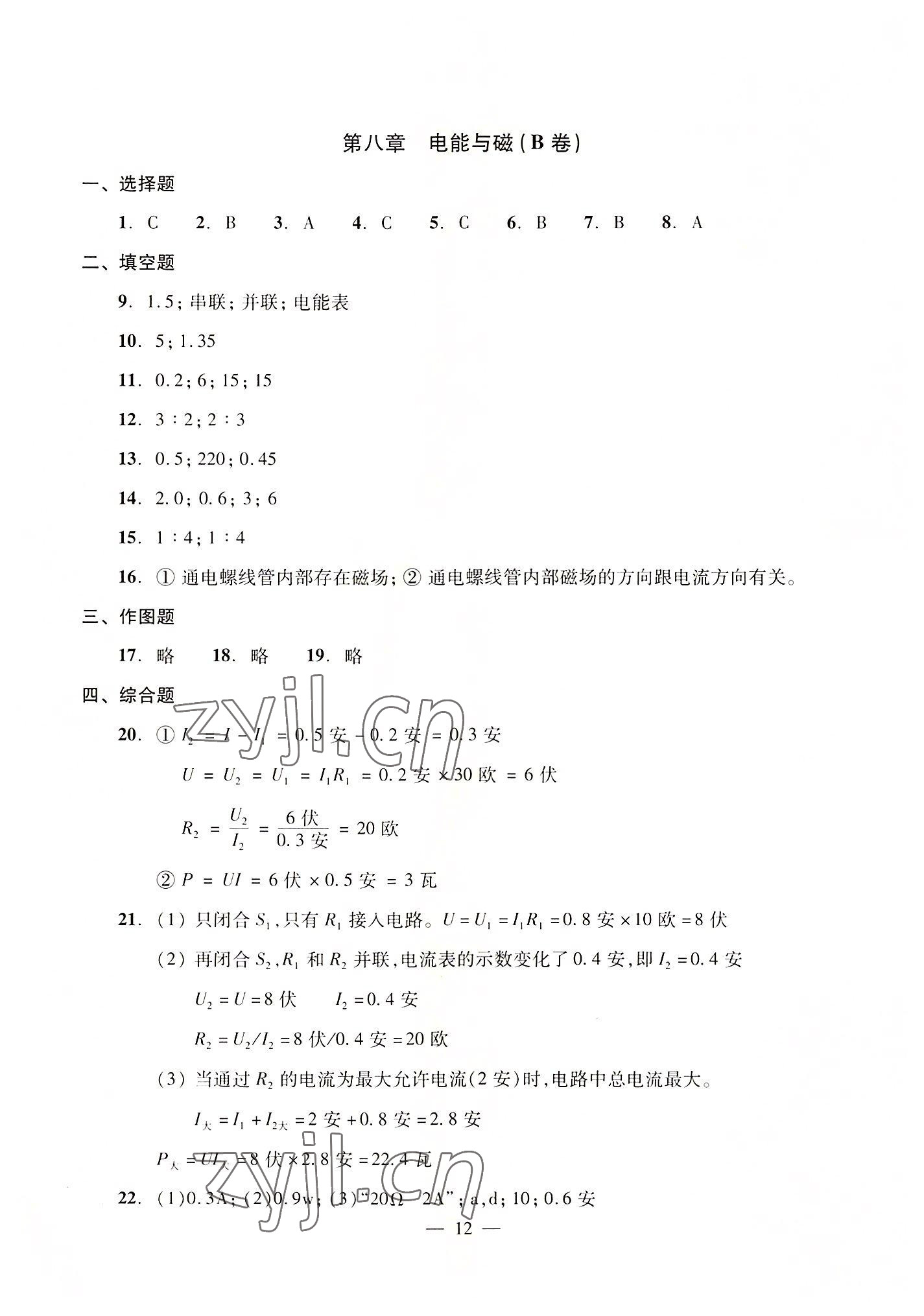 2022年初中物理双基过关堂堂练九年级全一册沪教版54制 参考答案第12页