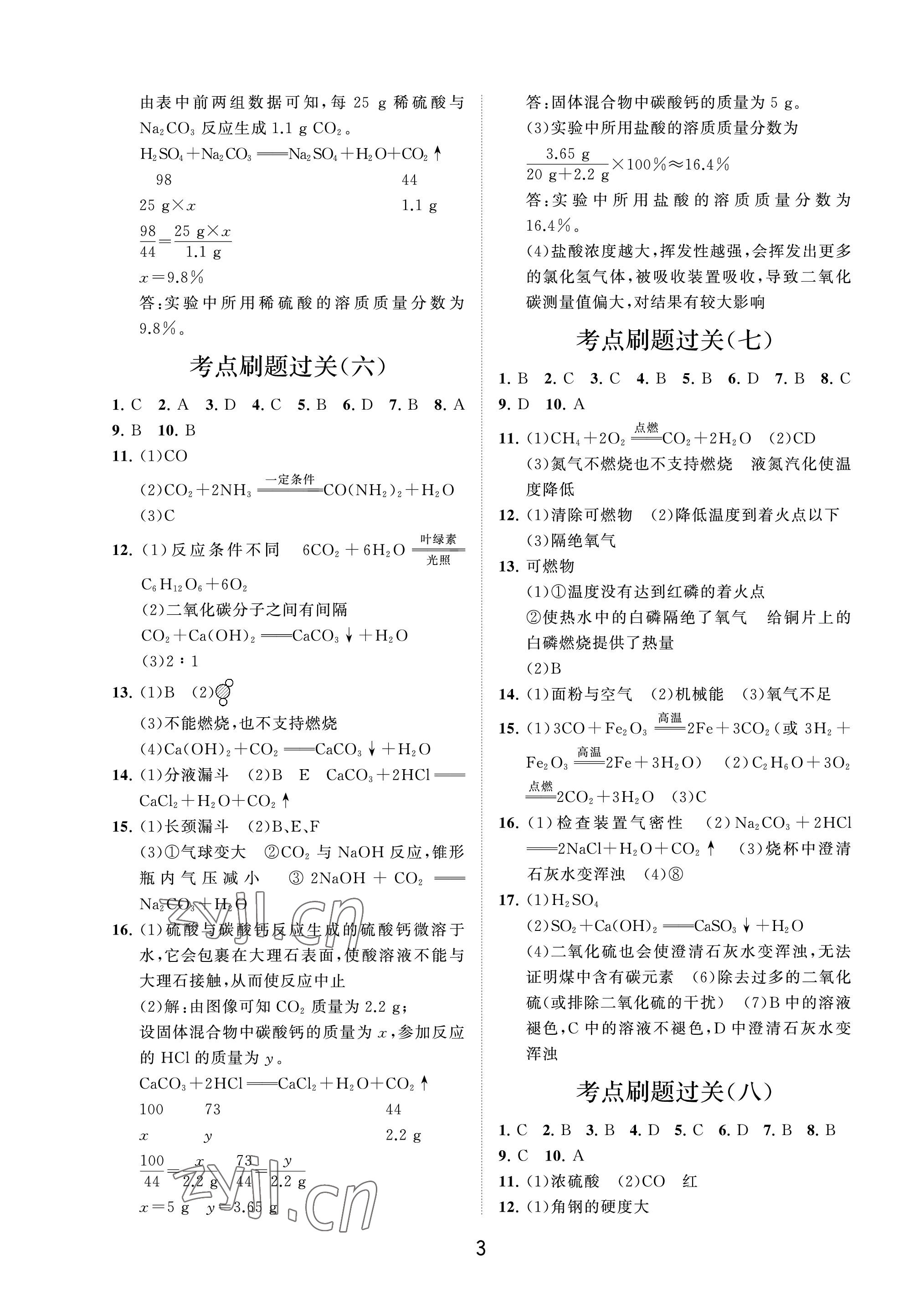 2023年同步練習(xí)冊分層卷九年級化學(xué)下冊魯教版54制 參考答案第3頁