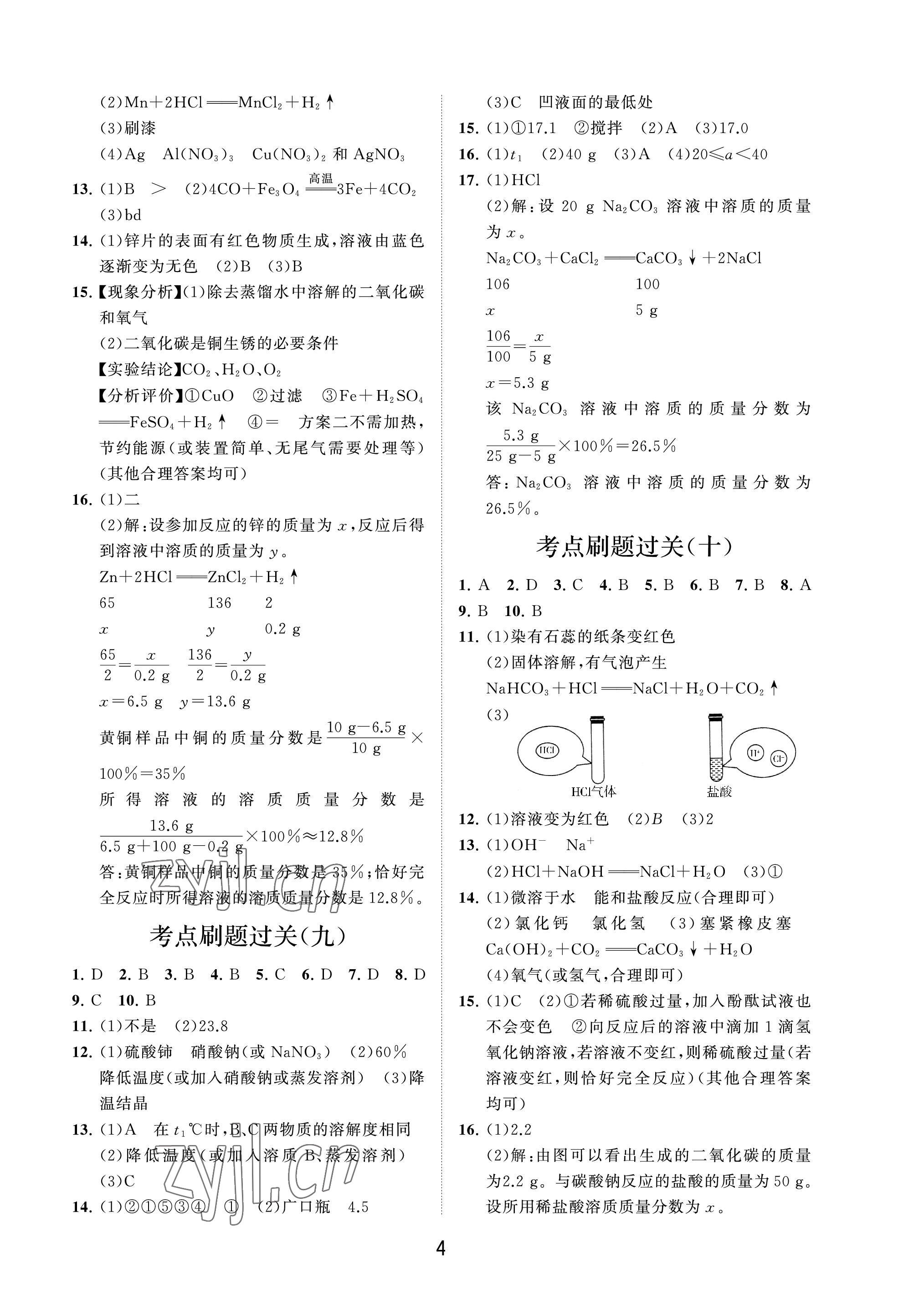 2023年同步練習(xí)冊分層卷九年級化學(xué)下冊魯教版54制 參考答案第4頁