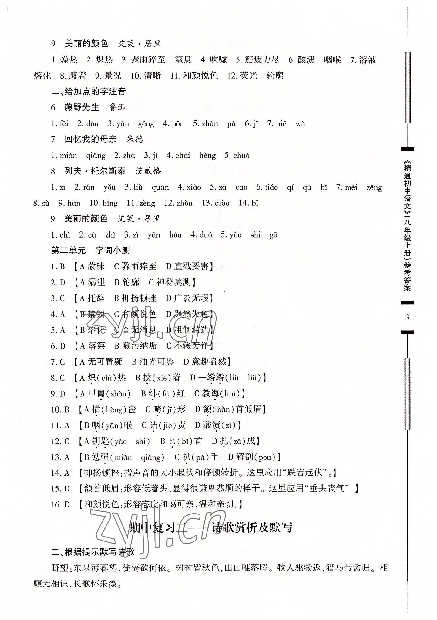 2022年精通初中語文八年級上冊人教版 參考答案第3頁