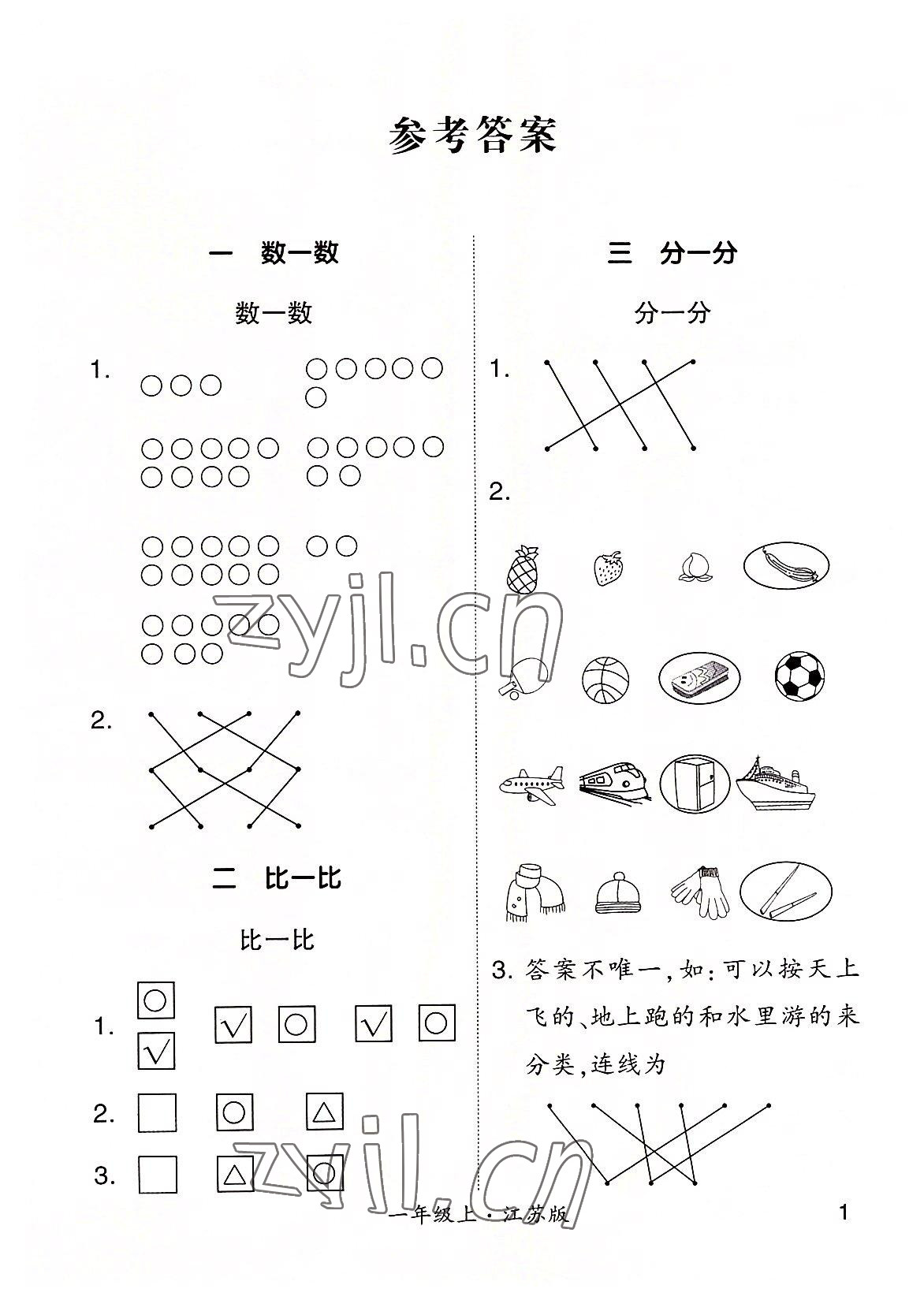2022年學霸計算小能手一年級數學上冊蘇教版 參考答案第1頁