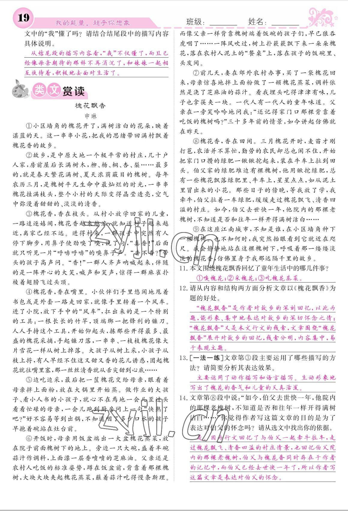 2022年課堂點睛七年級語文上冊人教版寧夏專版 參考答案第19頁