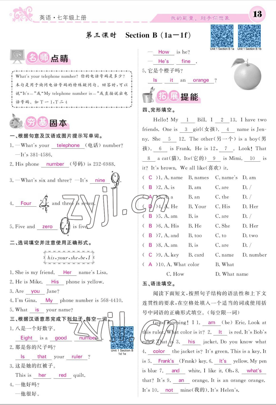 2022年課堂點(diǎn)睛七年級(jí)英語上冊(cè)人教版寧夏專版 參考答案第13頁