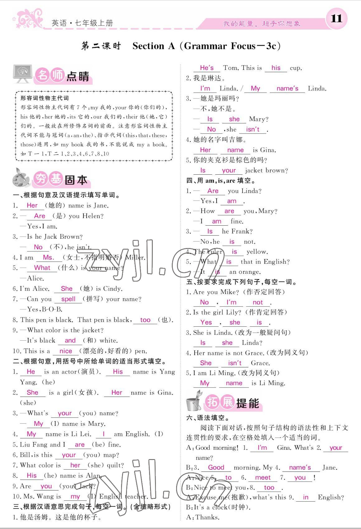 2022年課堂點睛七年級英語上冊人教版寧夏專版 參考答案第11頁