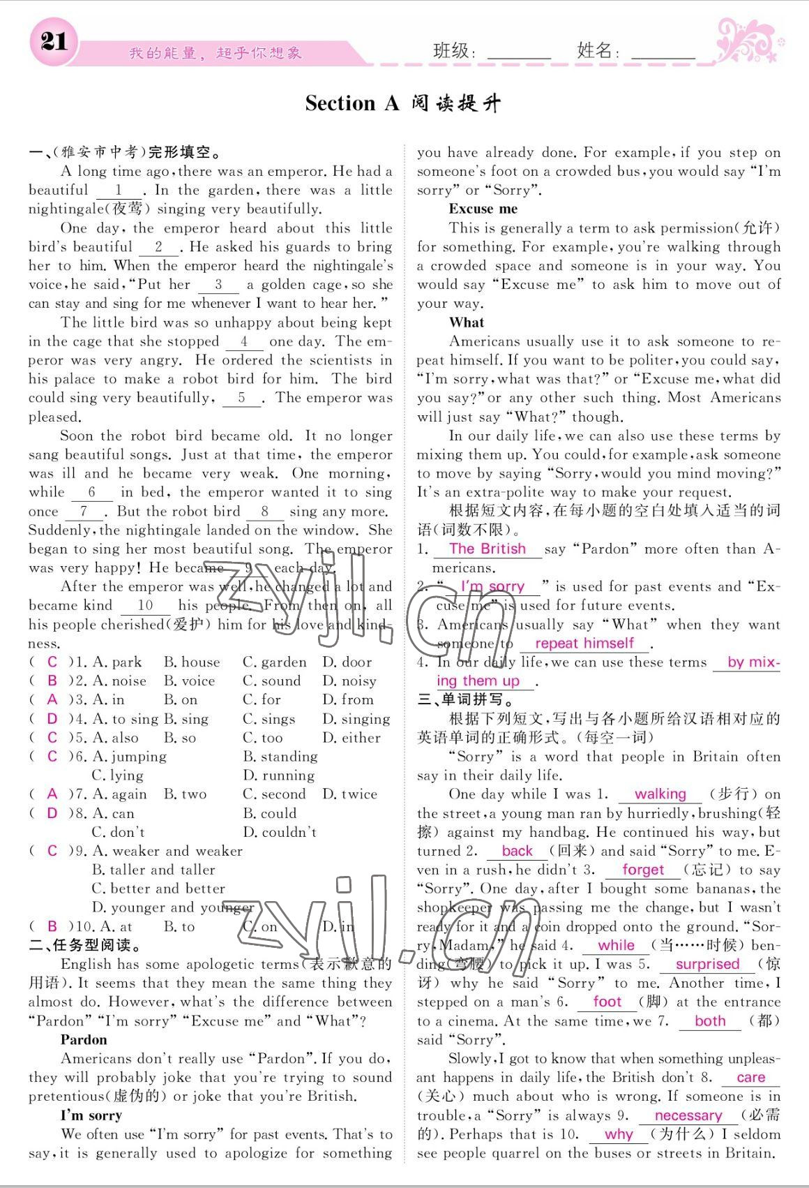 2022年課堂點(diǎn)睛九年級英語上冊人教版寧夏專版 參考答案第21頁