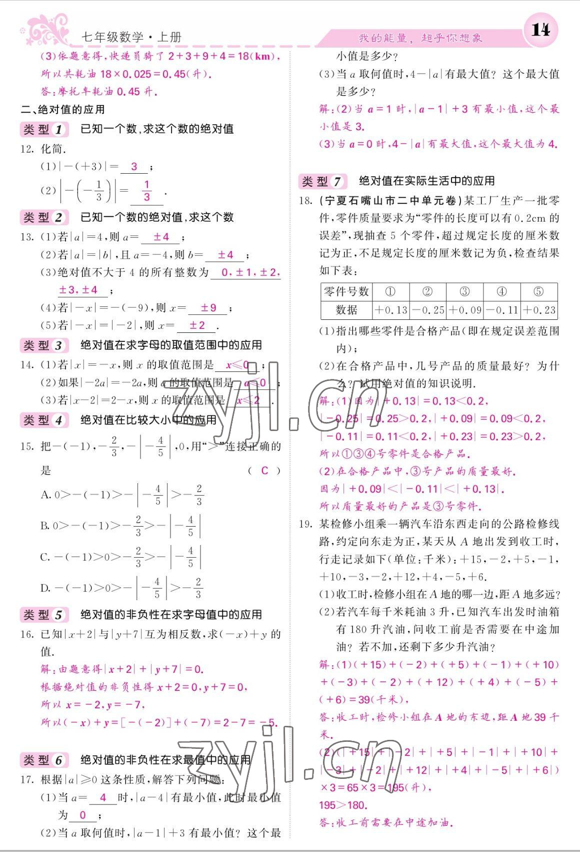 2022年课堂点睛七年级数学上册人教版宁夏专版 参考答案第14页