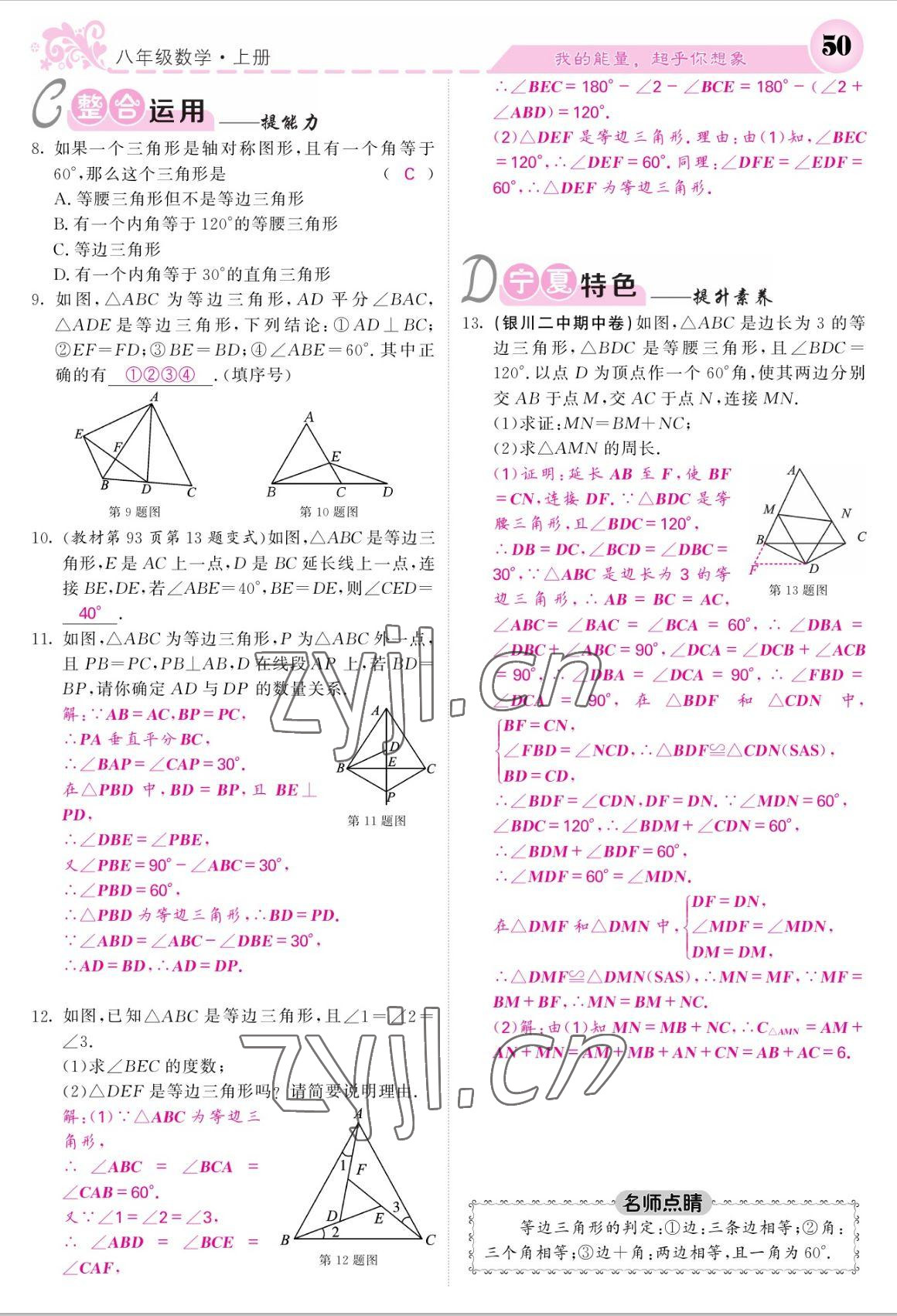 2022年課堂點(diǎn)睛八年級(jí)數(shù)學(xué)上冊(cè)人教版寧夏專版 參考答案第50頁(yè)