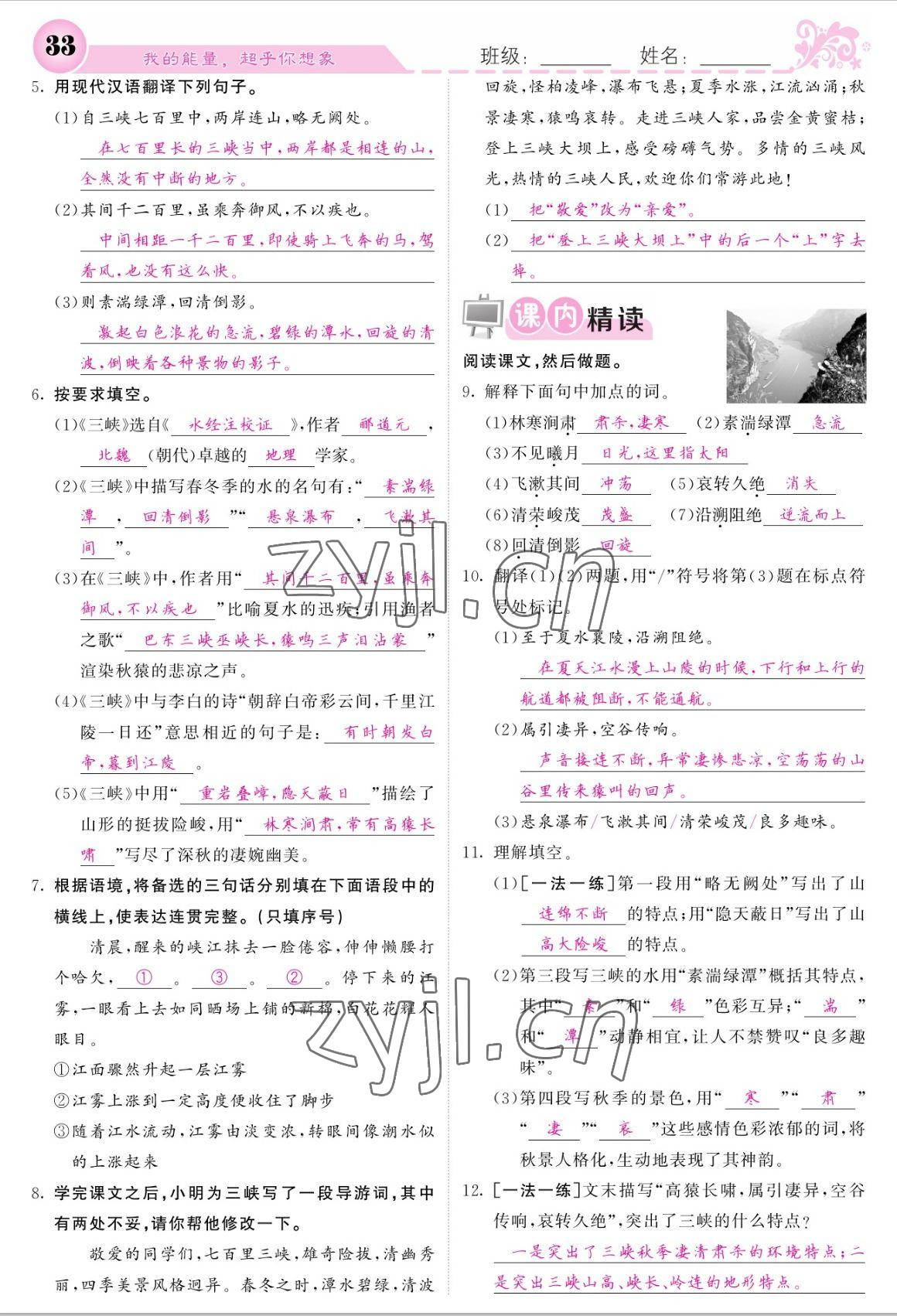 2022年課堂點(diǎn)睛八年級語文上冊人教版寧夏專版 參考答案第33頁