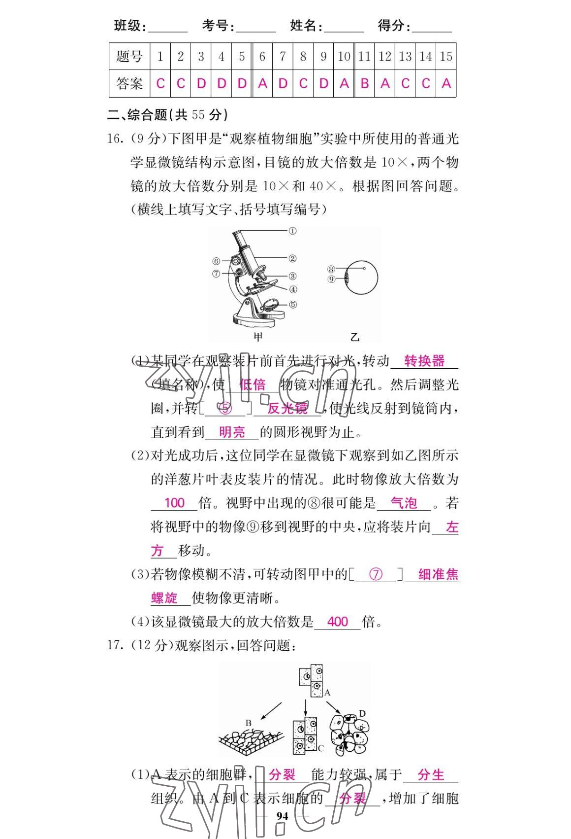 2022年课堂点睛七年级生物上册人教版 参考答案第10页