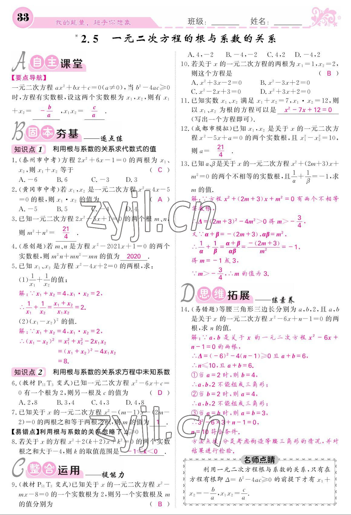 2022年课堂点睛九年级数学上册北师大版 参考答案第33页