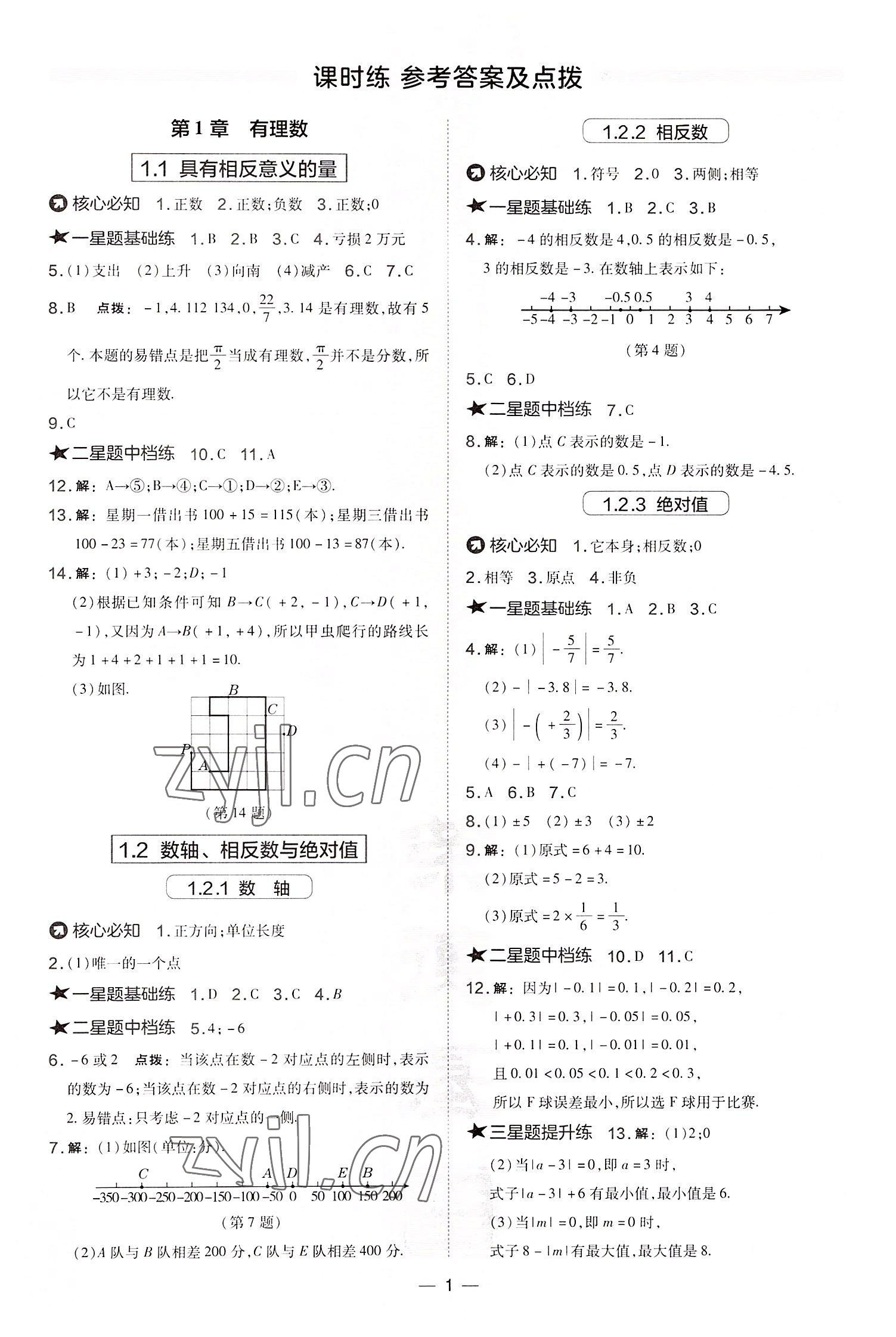 2022年點(diǎn)撥訓(xùn)練七年級數(shù)學(xué)上冊湘教版 參考答案第1頁