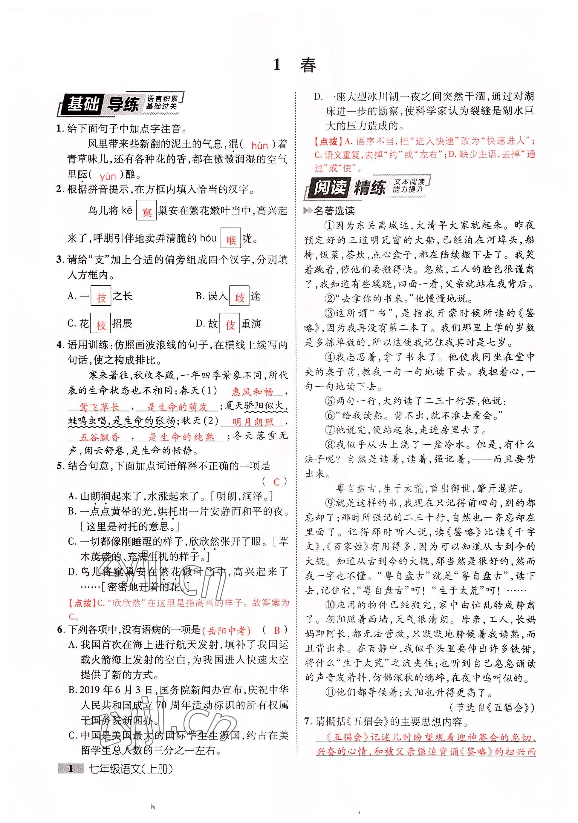 2022年本土教輔名校學(xué)案初中生輔導(dǎo)七年級(jí)語(yǔ)文上冊(cè)人教版荊州專版 參考答案第1頁(yè)