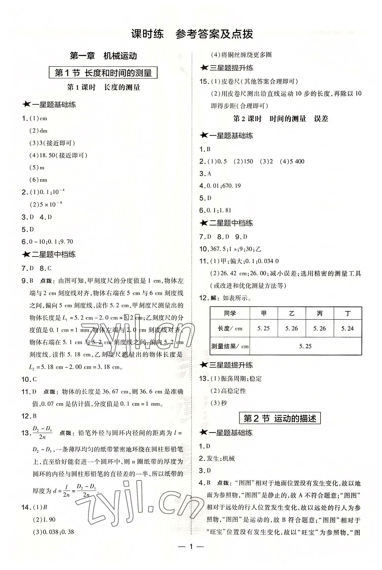 2022年點撥訓(xùn)練八年級物理上冊人教版山西專版 參考答案第1頁